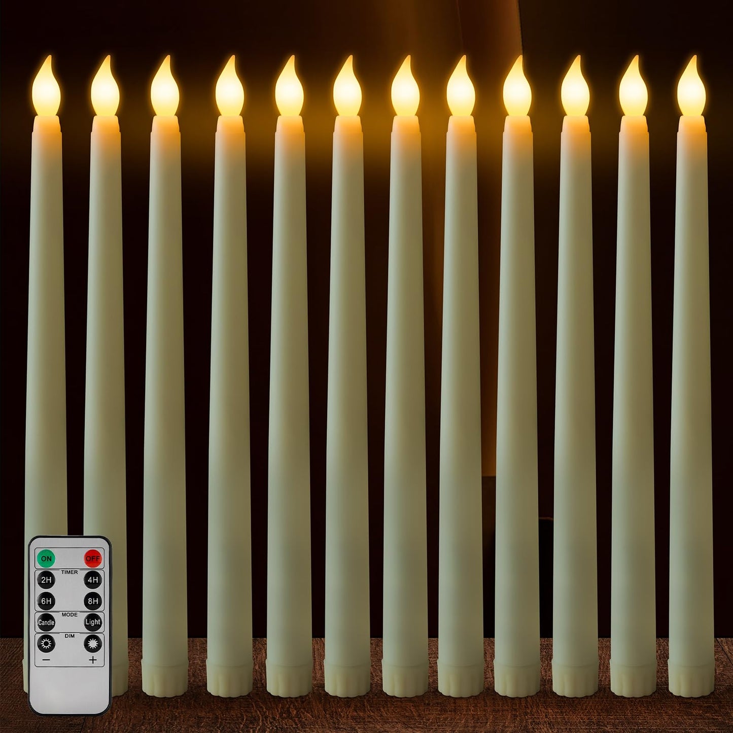 Sequpr 12 Pcs Flameless Taper Candles Flickering with Remote Timer, Battery Operated Taper Candles, 10.63inches Led Candlesticks for Christmas, Thanksgiving, Church, Wedding Decorations(Ivory)