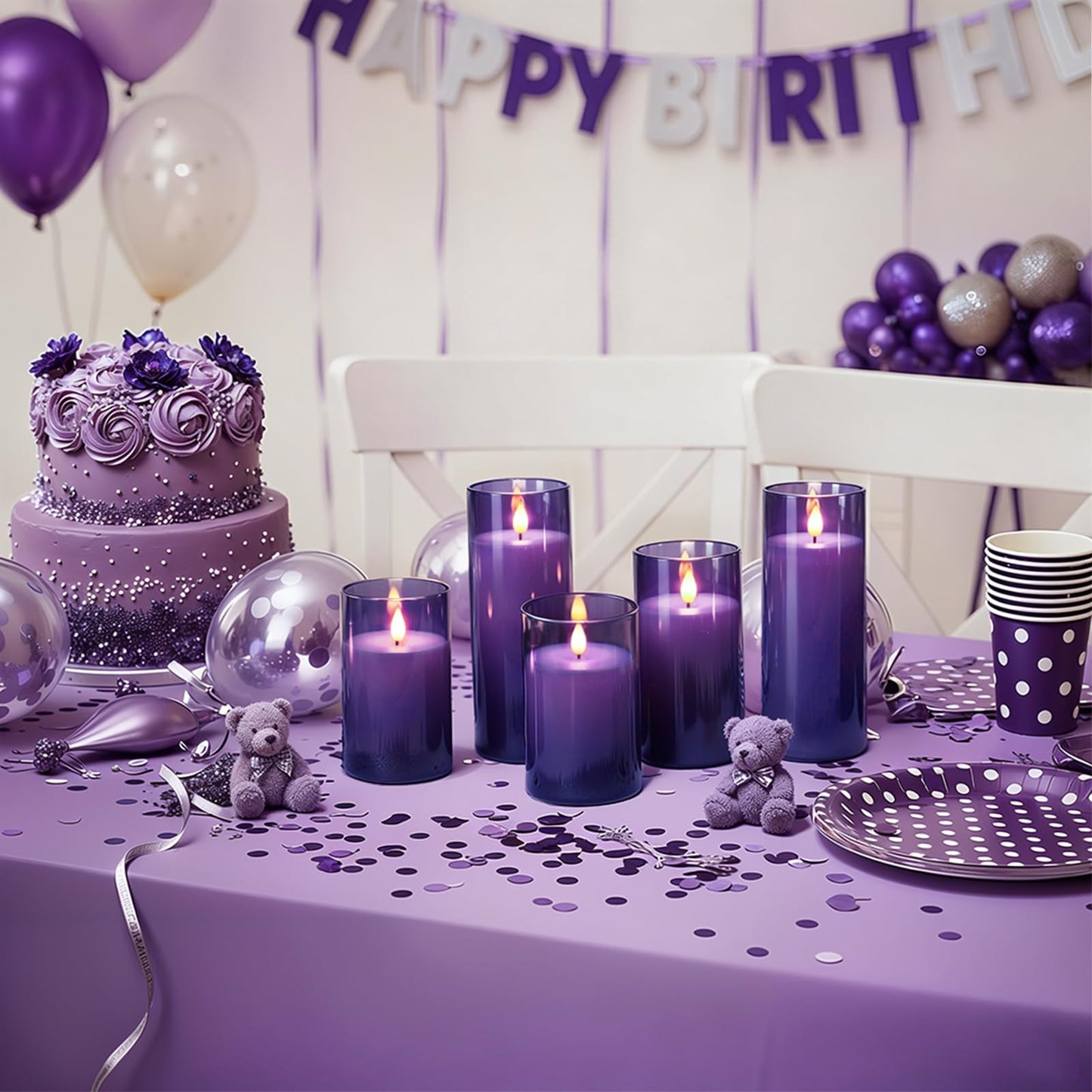 Homemory Purple Flickering Flameless Candles, Battery Operated Acrylic LED Pillar Candles with Remote Control and Timer, Purple Decor, Set of 5