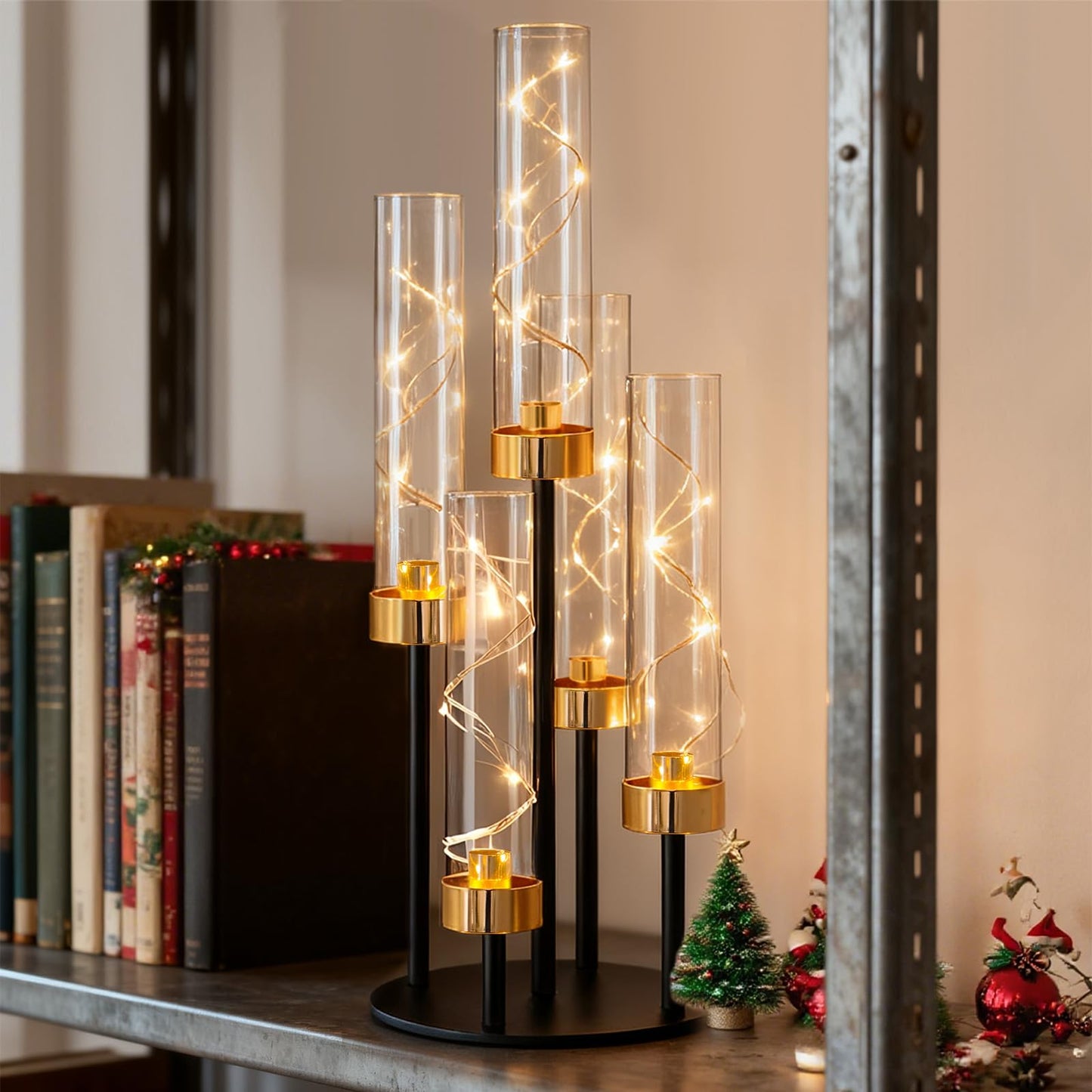 KEHAIL 2 PCS 5-Arm Black+Gold Metal Table Candelabra Centerpiece, 22" Tall Clear Acrylic Candlesticks Holder with Shade for Valentines Day Events Party Table Centerpiece,Fit LED Candles