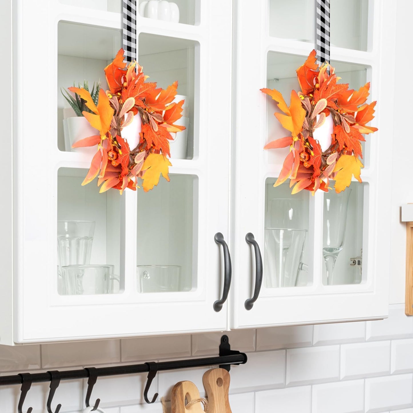 6 Pcs Mini Fall Wreaths Thanksgiving Table Centerpieces Fall Candle Rings 9 Inch Maple Leaf Wreaths for Cabinets Farmhouse Autumn Wreath for Front Door Porch Wall Window Decorations