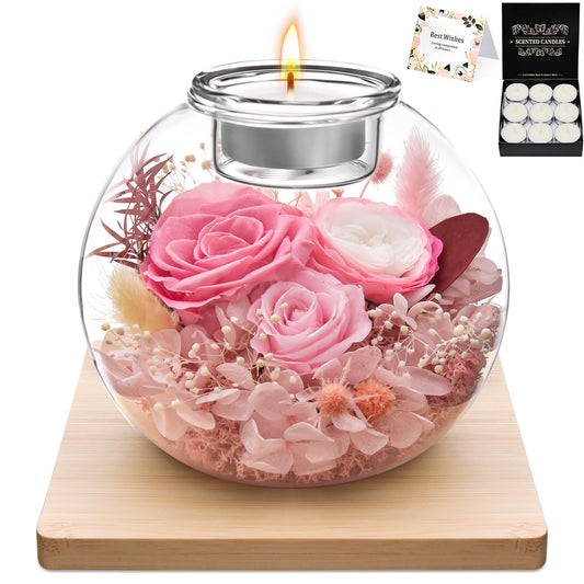 Preserved Flowers in Glass Dome with Candle Holder, Real Roses Eternal Flower Arrangement, Scented Candle Gift Set with 18 Candles for Women Mom Wife Birthday Mother's Day Valentine's Day (Pink)