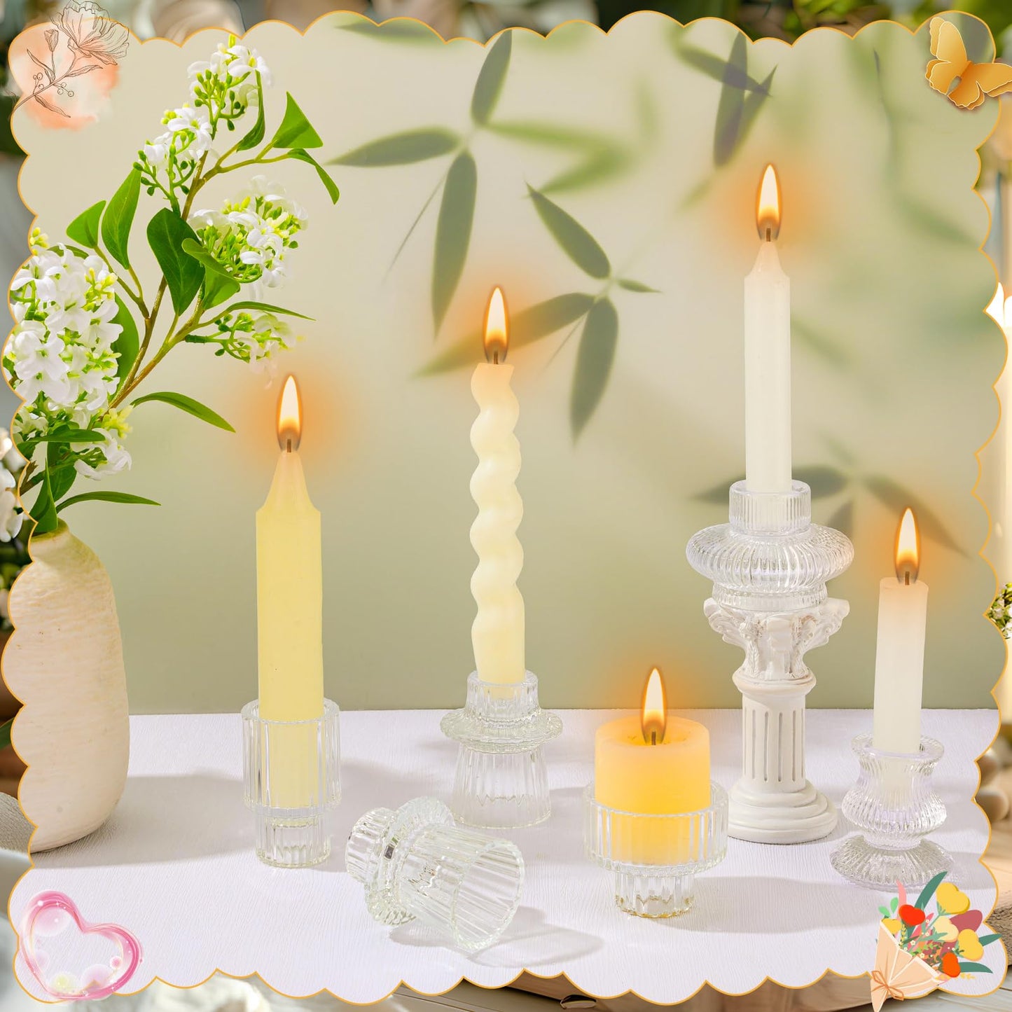 Ovveroche 10 Pcs Glass Candlestick Holders Set, Glass Crystal Taper Candle Holders Striped Vintage Reversible Clear Candle Stick Holder Ideal for Wedding, Party, Festival Celebrations, 5 Styles