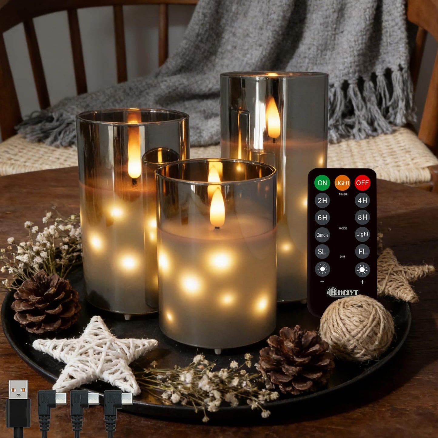 LEDHOLYT Rechargeable Glass LED Flameless Candles, Embedded Star String Flickering Flameless Candles for Romantic Ambiance and Home Decoration with Remote & Timer(Gray)