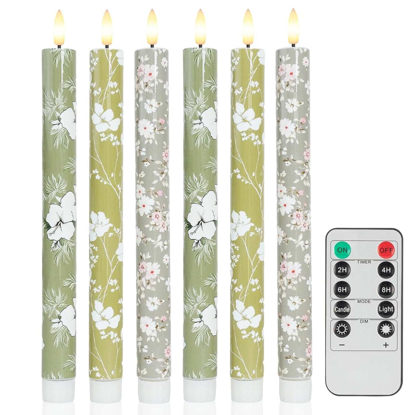 MAITREYA Green Flameless Taper Candles with 11-Key Remote Timer,LED Tall Candlesticks Battery Operated 3D Flickering Flame Lights for Christmas Decorations Home Table Centerpiece,10.6 Inch，6 Pcs