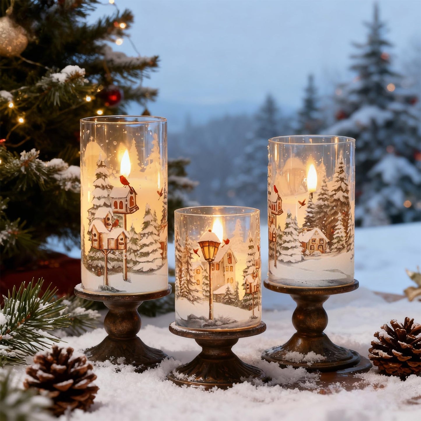 Wondise Red Bird Glass Flameless Candles with Remote Timer, Battery Operated Real Wax 3D Wick LED Flickering Pillar Candles for Christmas Decoration Thanksgiving Holiday Gift