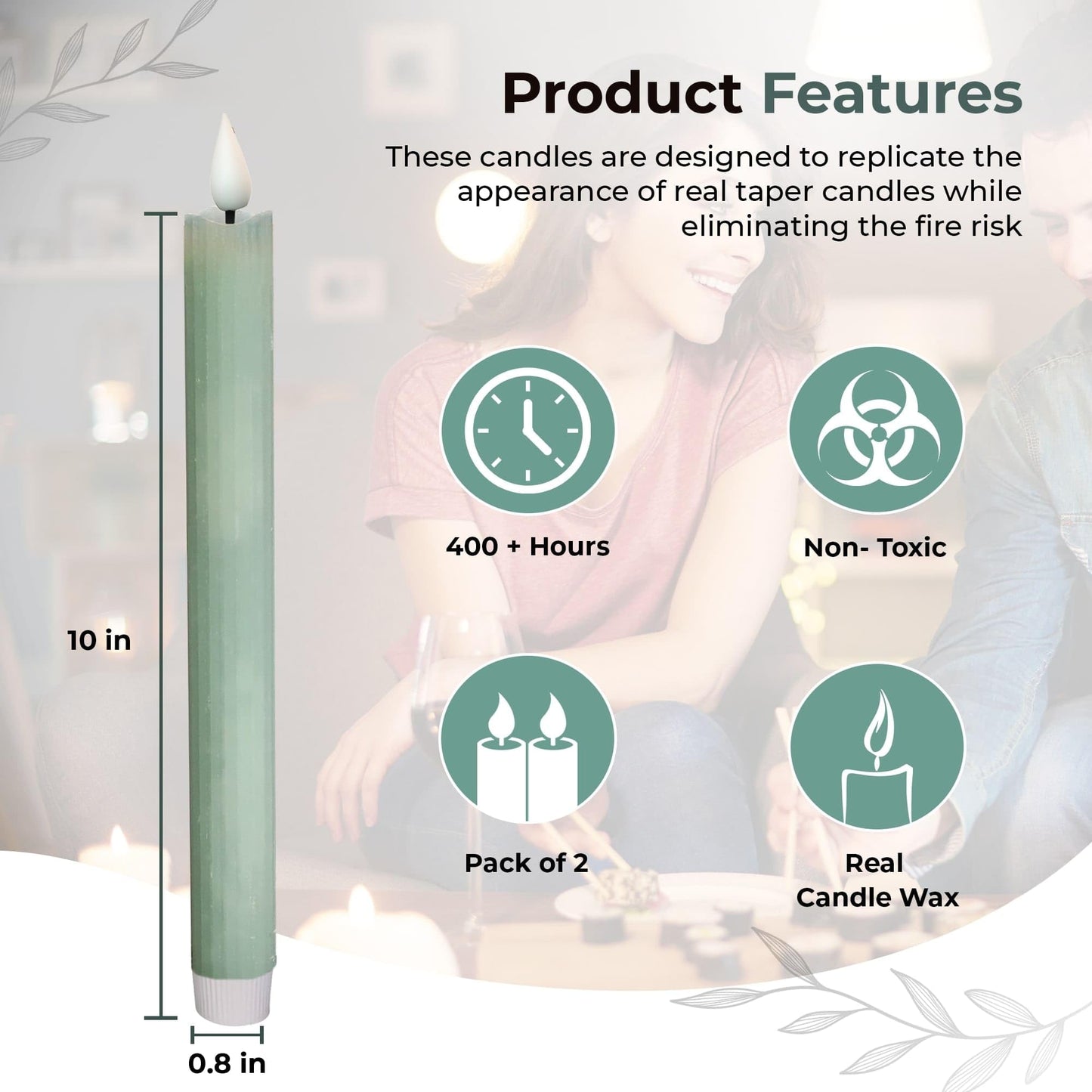 comforder Flameless Taper Candles – Flickering LED Flame with 6H Timer – Real Wax, Ribbed Design – Battery Operated Set of 2 – 10" Tall (Eucalyptus Green)
