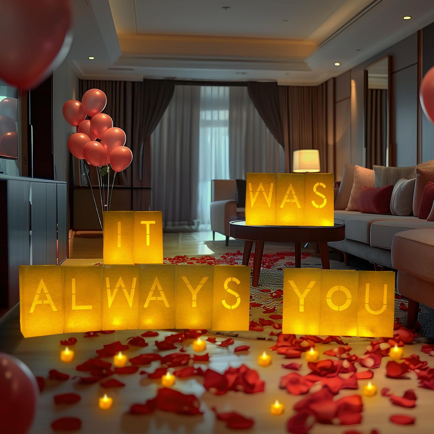 Homemory It was Always You Light Up Letters with Flameless Candles and 2000 Fake Rose Petals, Valentine's Day Luminary Bags Romantic Decorations Special Night for Proposal Wedding Anniversary
