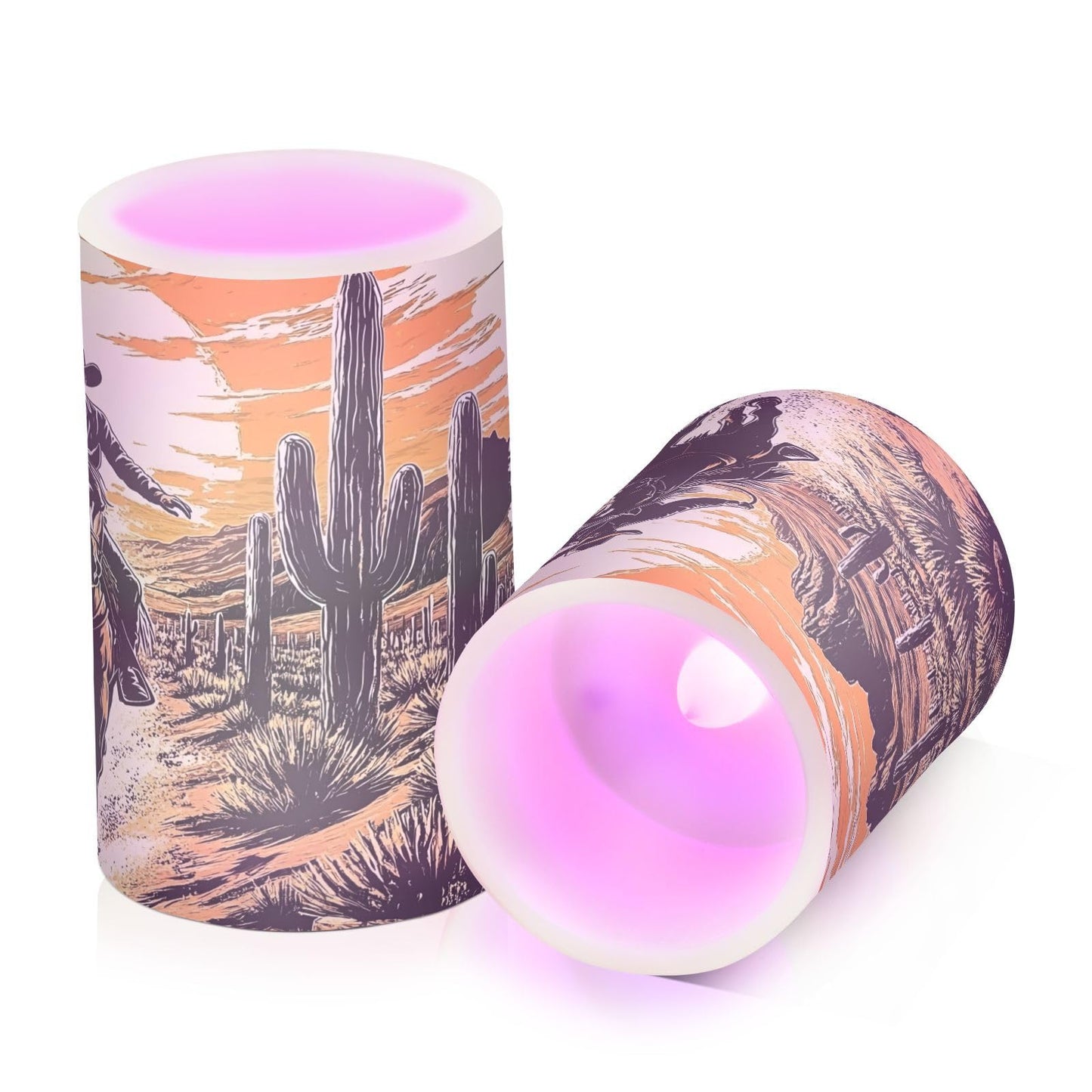 ALAZA Flickering Flameless Candles Western Cowboy Sunset Desert Cactus Battery Operated Candles with Remote Timer LED Pillar Votive Candles Set of 2 for Holiday Decor