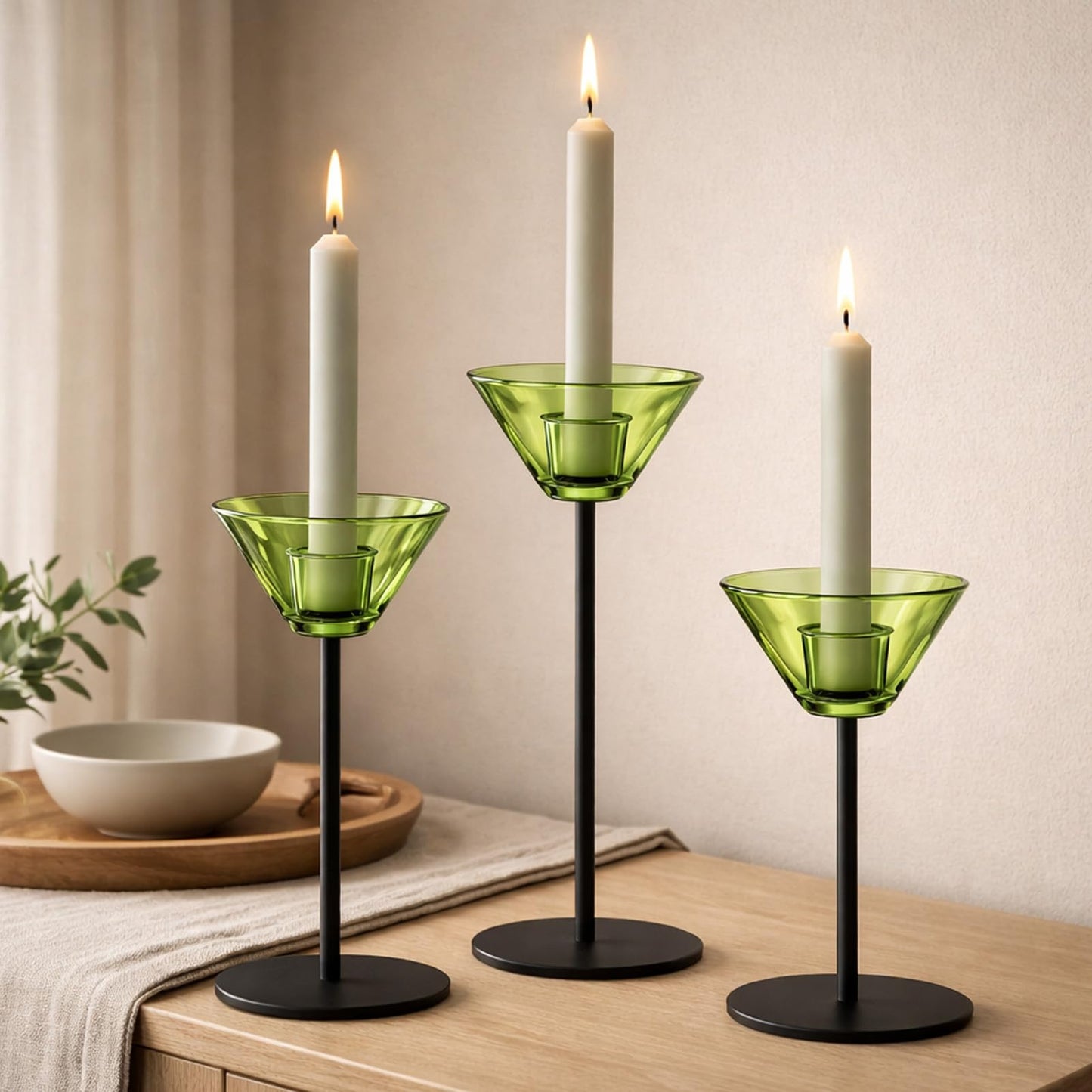 Smytle Emerald‑Green Glass Candlestick Holders, Green Tea Light Candle Holders with Weighted Matte‑Black Metal Base, Botanical Table Decor for Dining, Wedding & Holiday