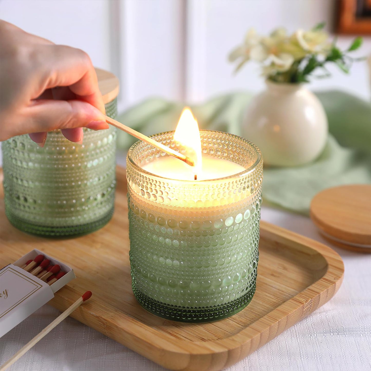 DARJEN 12 Pack Green Candle Jars for Making Candles- 8 OZ Empty Glass Candle Making Jars with Bamboo Lids and Labels, Candle Containers Candle Making Jars for DIY Gifts