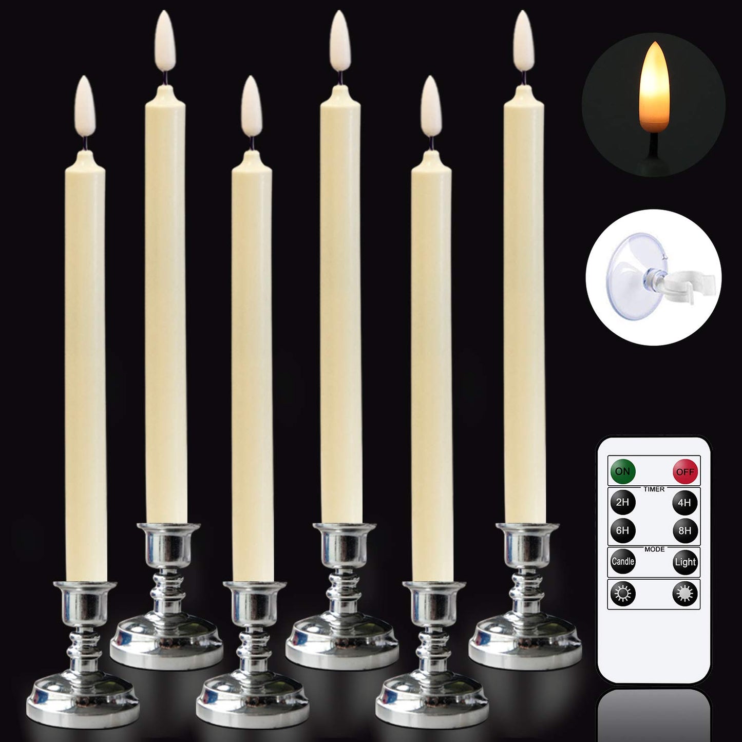 Wondise Window Candles Battery Operated with Remote and Timer, 3D Wick Ivory Taper Candles with Silver Holders and Suction Cups for Christmas Decoration, Set of 6(D0.8 x H10 inch)