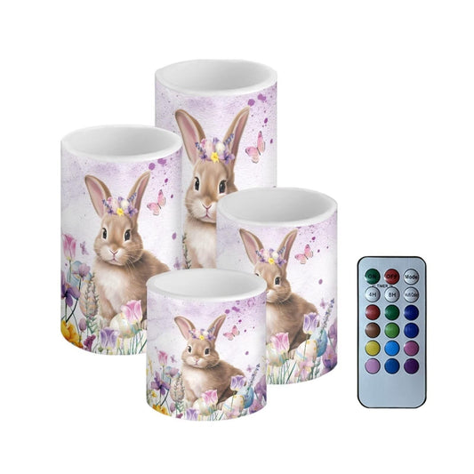 NETILGEN Easter Holiday Decor Flameless Flickering Candles with Remote, Timer Battery Operated LED Pillar Candles 4 Pcs Party Decor Candles Floral Easter Bunny Print