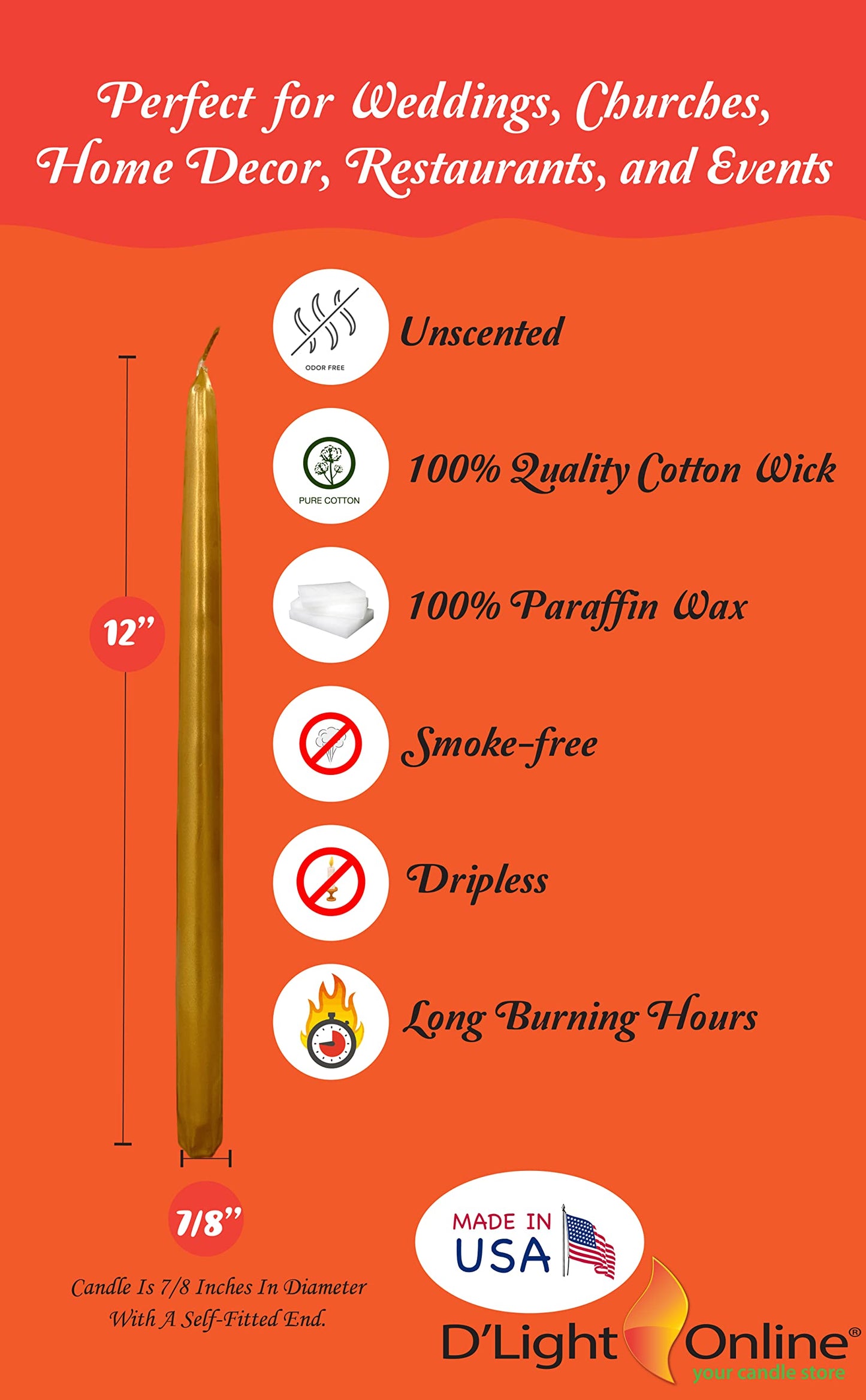 D'light Online Premium Quality 12" Metallics Taper Candles - Unscented, Dripless and Smokeless for Christmas Decor, Holiday Dinners and Festive Parties - Set of 12 (12 Inch, Lustrious Metallics)