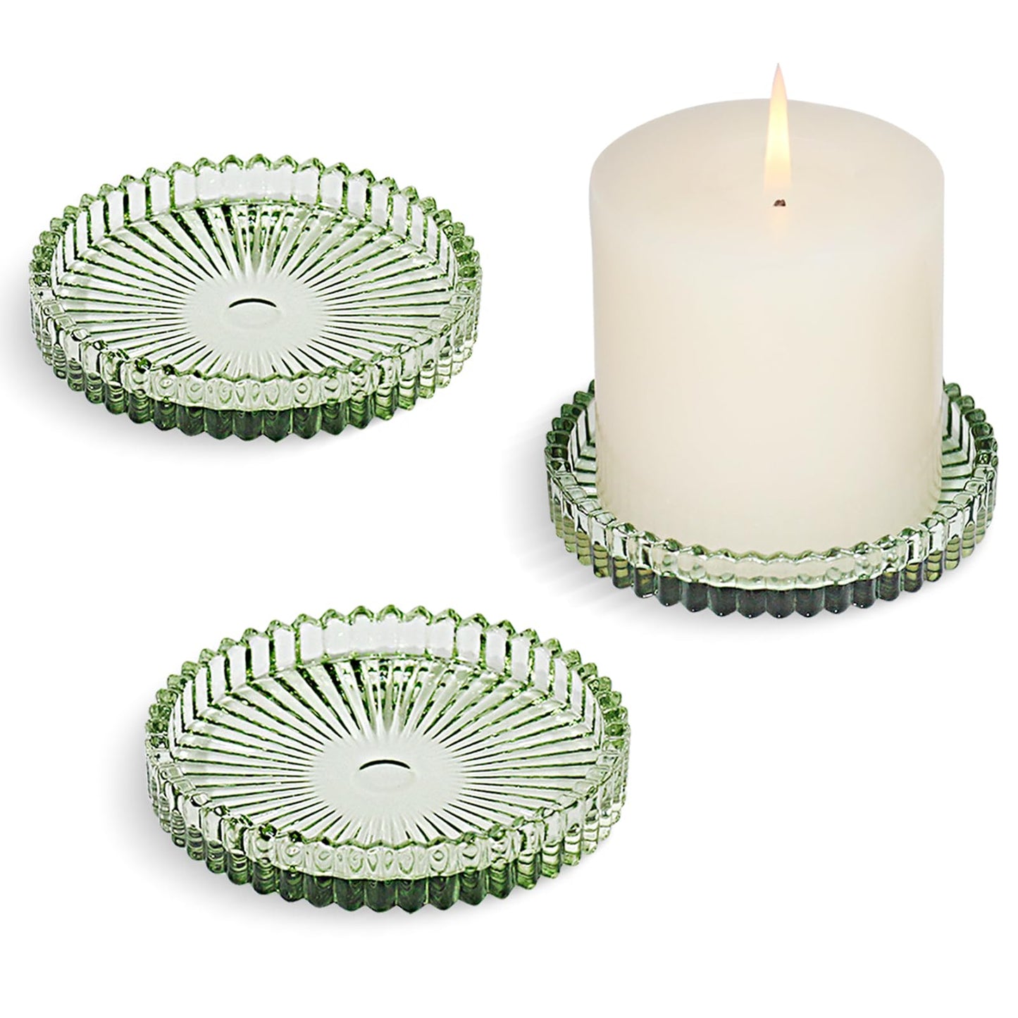 CHOCSTAY Glass Pillar Candle Holder, 4" Green Candle Plates Set of 3, Glass Candle Holders for Wedding, Party, Holiday, Home Decor, Table Centerpiece