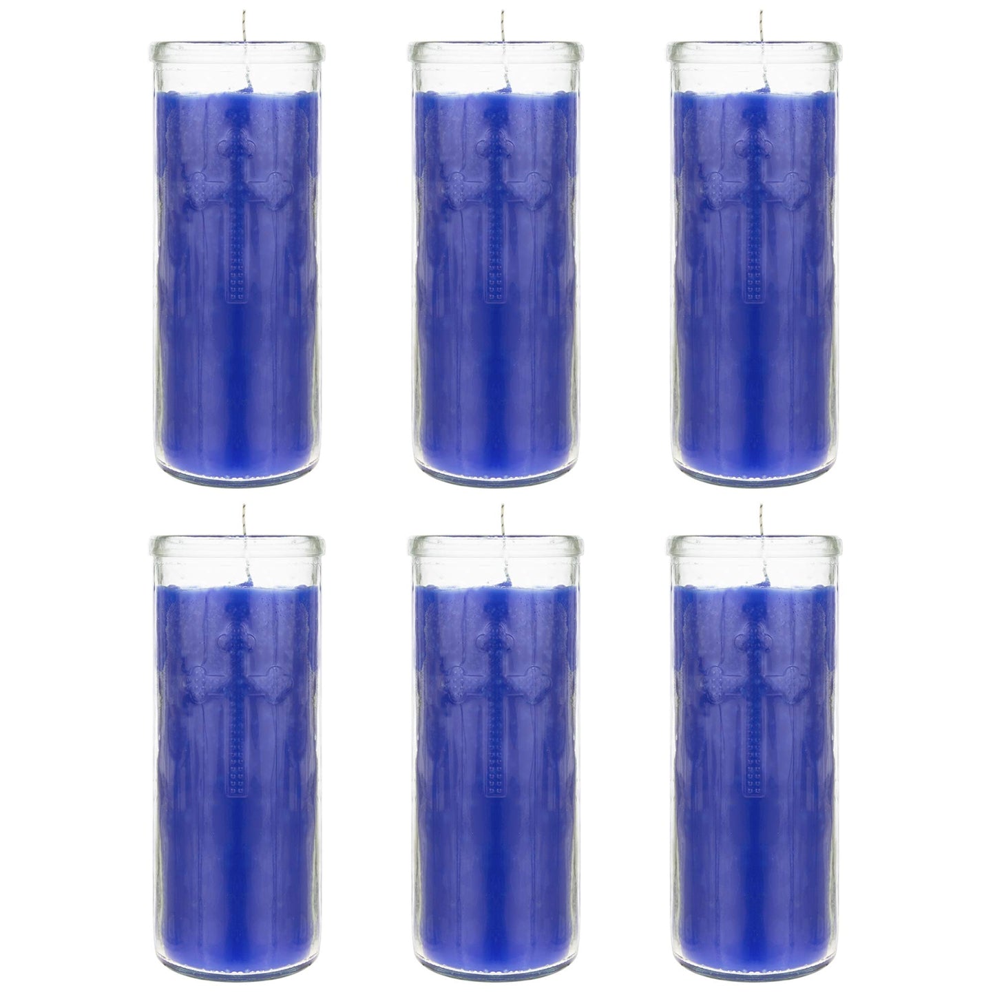 Mega Candles 6 pcs Unscented Blue Dual Cross Glass Container Altagraciano Devotional Prayer Candles, Premium Wax Candle 3 Inch x 7.25 Inch, Sanctuary, Vigils, Prayers, Blessings, Religious, Memorials