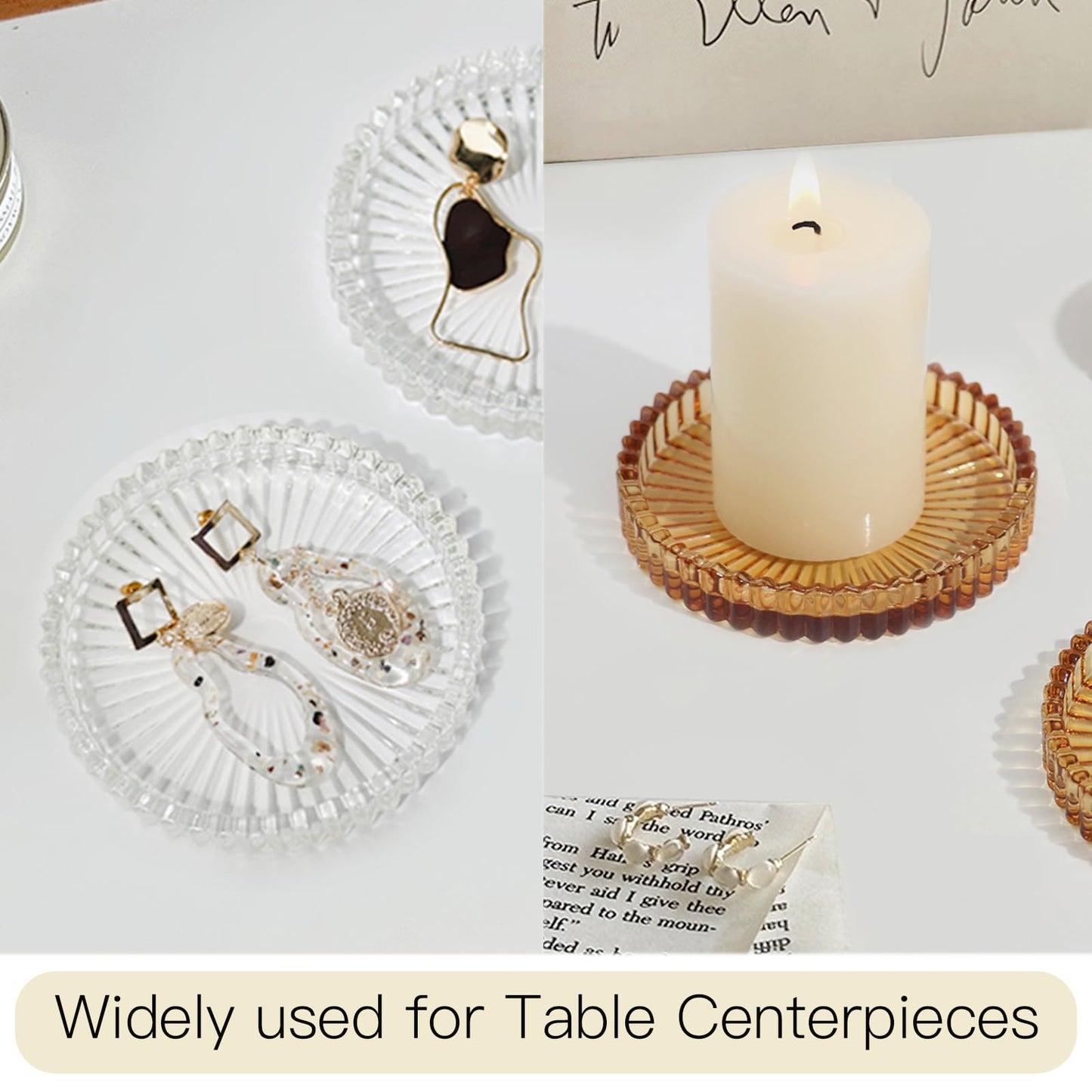 CHOCSTAY Glass Pillar Candle Holder, 4" Amber Candle Plates Set of 6, Glass Candle Holders for Wedding, Party, Holiday, Home Decor, Table Centerpiece
