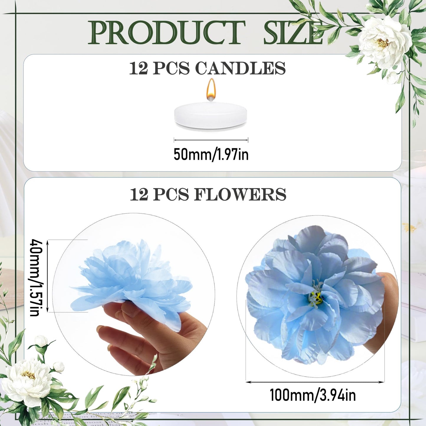ZJGXH 24 Pcs Floating Candles for Centerpieces and Floating Flowers Vase Fillers for Centerpieces Artificial Blue Flowers for Wedding Party Home Table Decoration