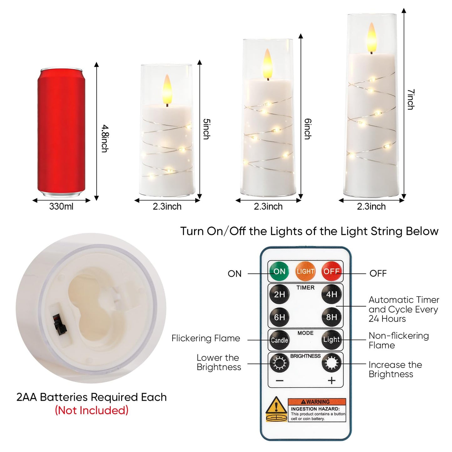 Raycare Flameless Candle with Remote Timer, 3 Flickering Acrylic Battery Operated LED Pillar Candles with Embedded Star String for Home Decor(White)