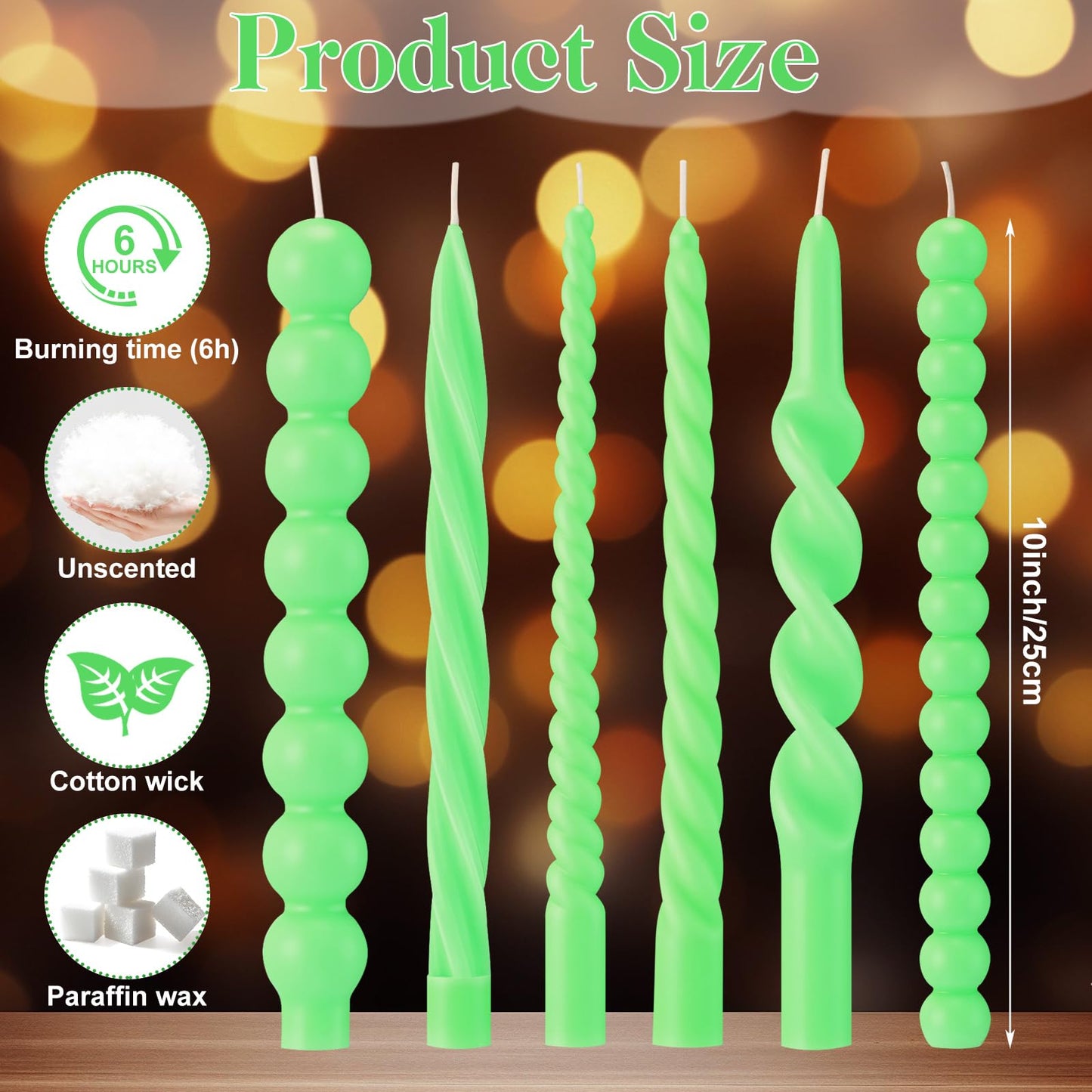 Conelist 10 Inch Green Twisted Taper Candles Set of 6, Tall Smokeless Twisted Candlesticks for Wedding Holiday Birthday Home Party Decorations