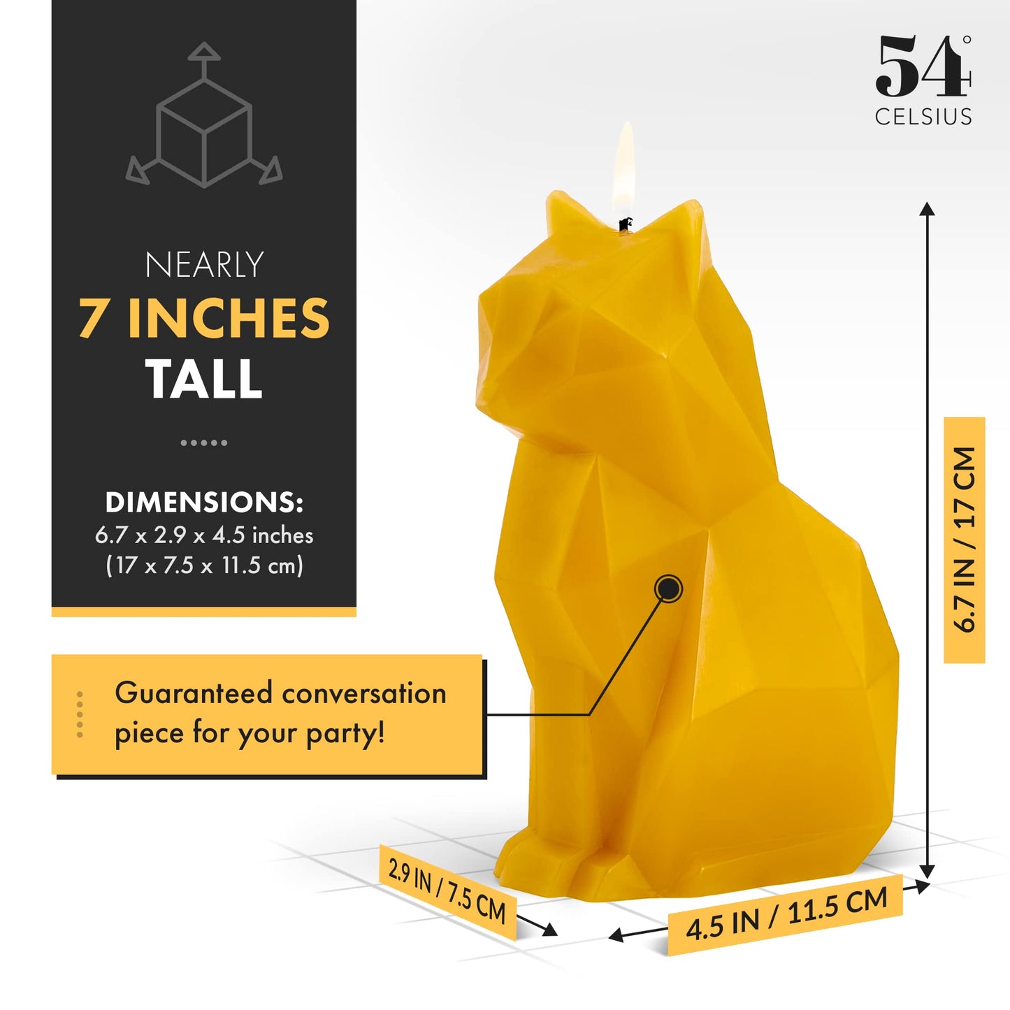 PyroPet Kisa Cat Candle (Mustard Yellow) - The Original Cat Candle with Metallic Skeleton | Halloween Decor | Unique Gift for Cat Lovers | 20-Hr Burn Time | Dimensions: 6.7x2.9x4.5 in