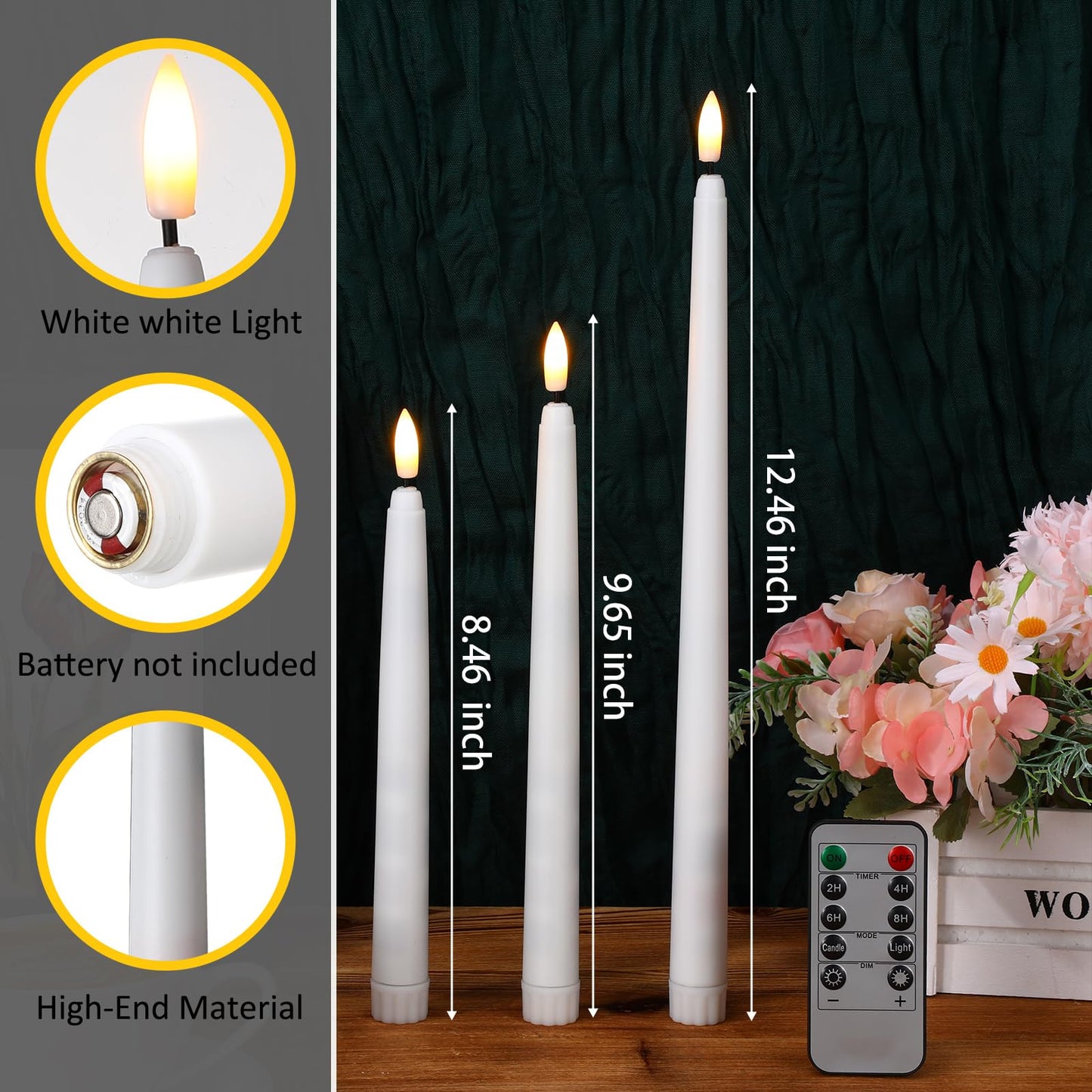 Tuanse 20 Pcs Flickering Flameless Taper Candles Bulk LED Battery Operated Realistic Flame Effect with Remote & Timer Safe No Fire Wax Drip Candles for Wedding Church Home Decor (12.4",White)