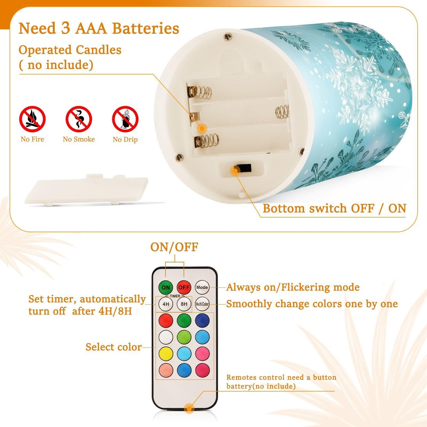 Christmas Lights Decorations Flameless Candles Silver Winter Teal Turquoise Snowflakes Christmas Pillar Candles Set of 2 Battery Operated Remote Control Warm Lights
