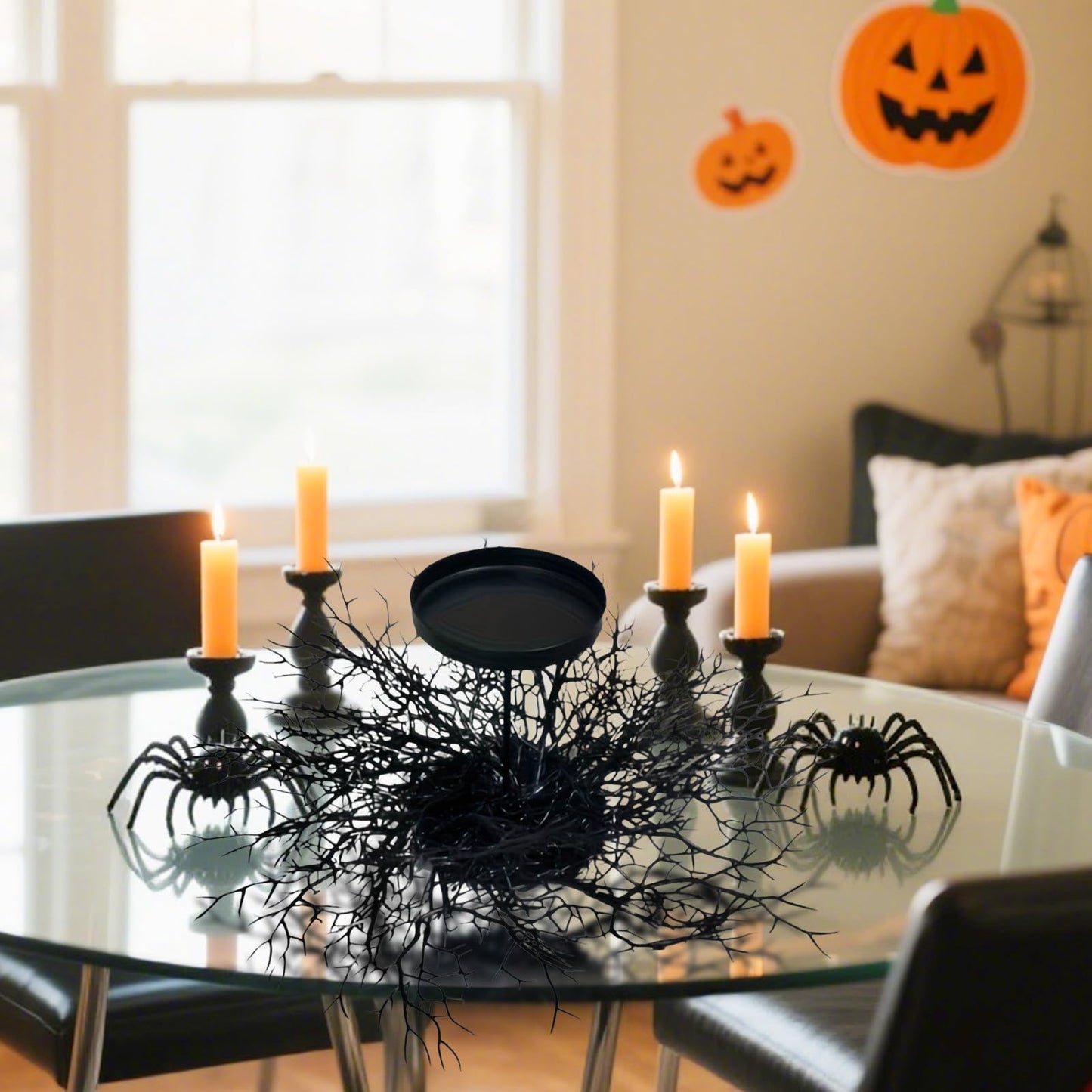 Mini Halloween Wreaths with Plastic Candle Holder, 5.5" Artificial Black Maple Leaves Candle Wreath Floral Twig Candleholder Wreath for Table Centerpieces Decorations