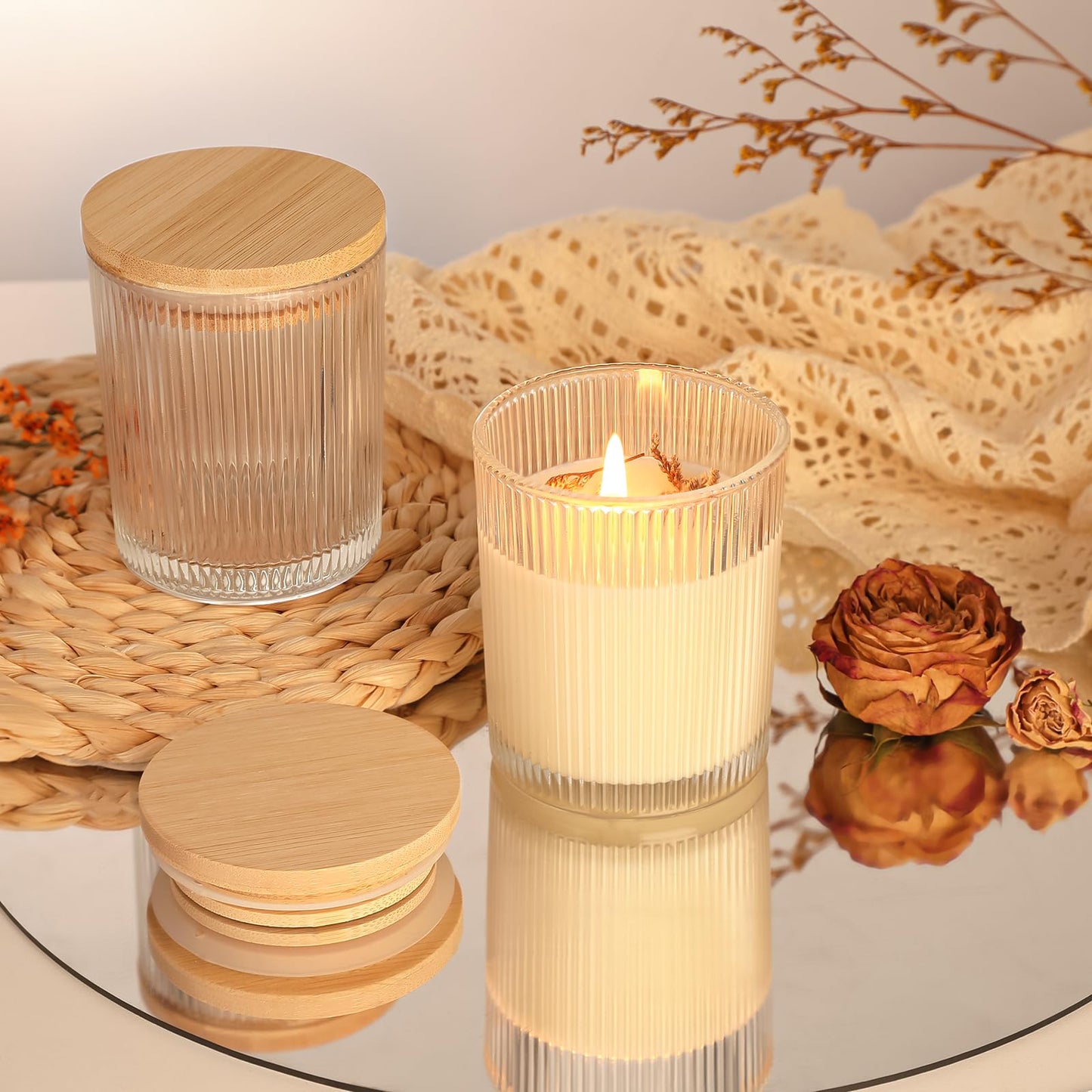 CONNOO 16 Pack 7 OZ Thick Ribbed Glass Candle Jars for Making Candles with Airtight Bamboo Lids, Wicks & Stickers, for DIY Candle Making, Bulk Orders, Gifts & Home Décor, Clear