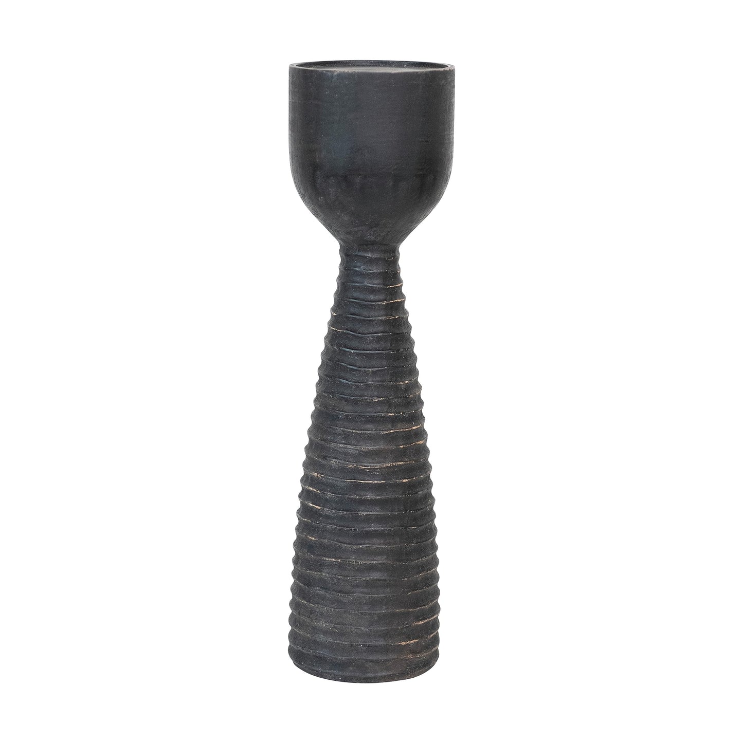 Bloomingville Round Hand-Carved Mango Wood Ribbed Candle Holder, Black (Holds 4 inches Pillar)