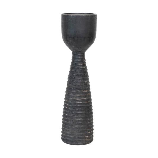 Bloomingville Round Hand-Carved Mango Wood Ribbed Candle Holder, Black (Holds 4 inches Pillar)