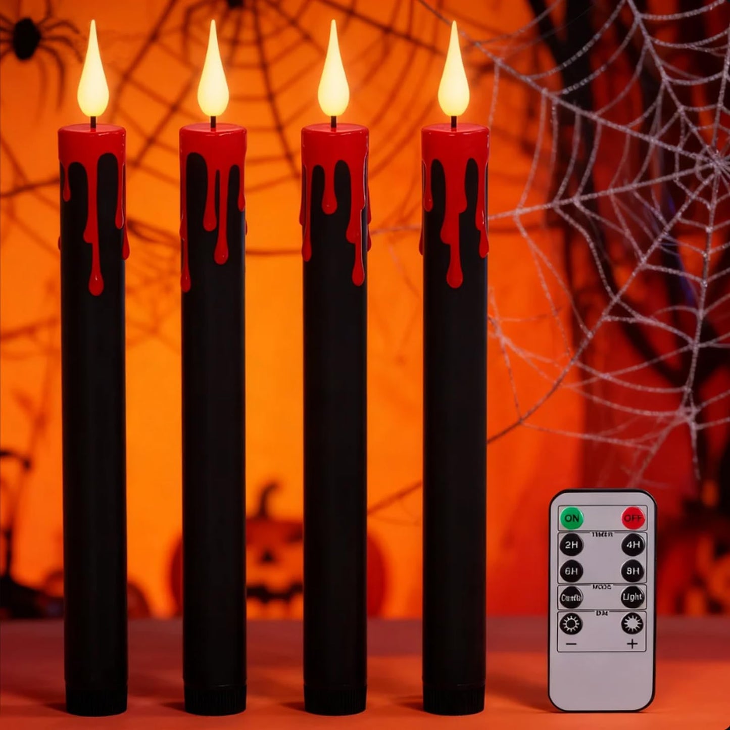Eldnacele LED Flameless Taper Candles Battery Operated with Remote and Timer 3D Wick Flickering Blood Dripping Halloween Dinner Spooky Horror Home Decoration Set of 4 Black Candles, 0.78" x 8.9"