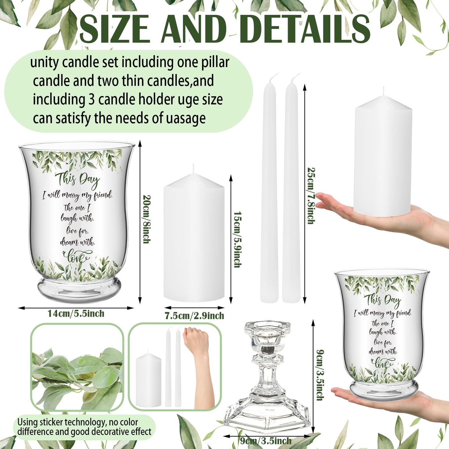 Irenare Unity Candles with Holder for Wedding Ceremony Wedding Decortions Accessories Glass Candle Holder Pillar Candle for Formal Events Church(Green Leaf)