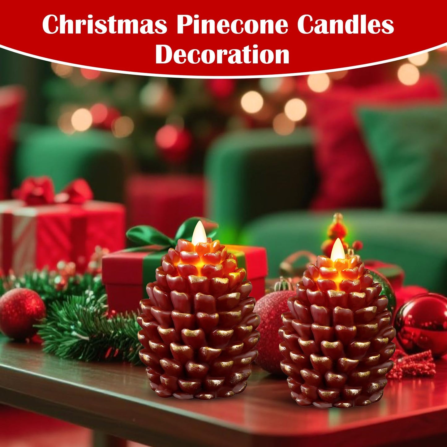 YIOJOYD Christmas Pinecone Candles Flameless,Battery Operated Candles with Flickering Wick,Indoors Fake Candle,Christmas Candle Pine Cones Holiday Decor,Winter Thanksgiving Decorations,Set of 2