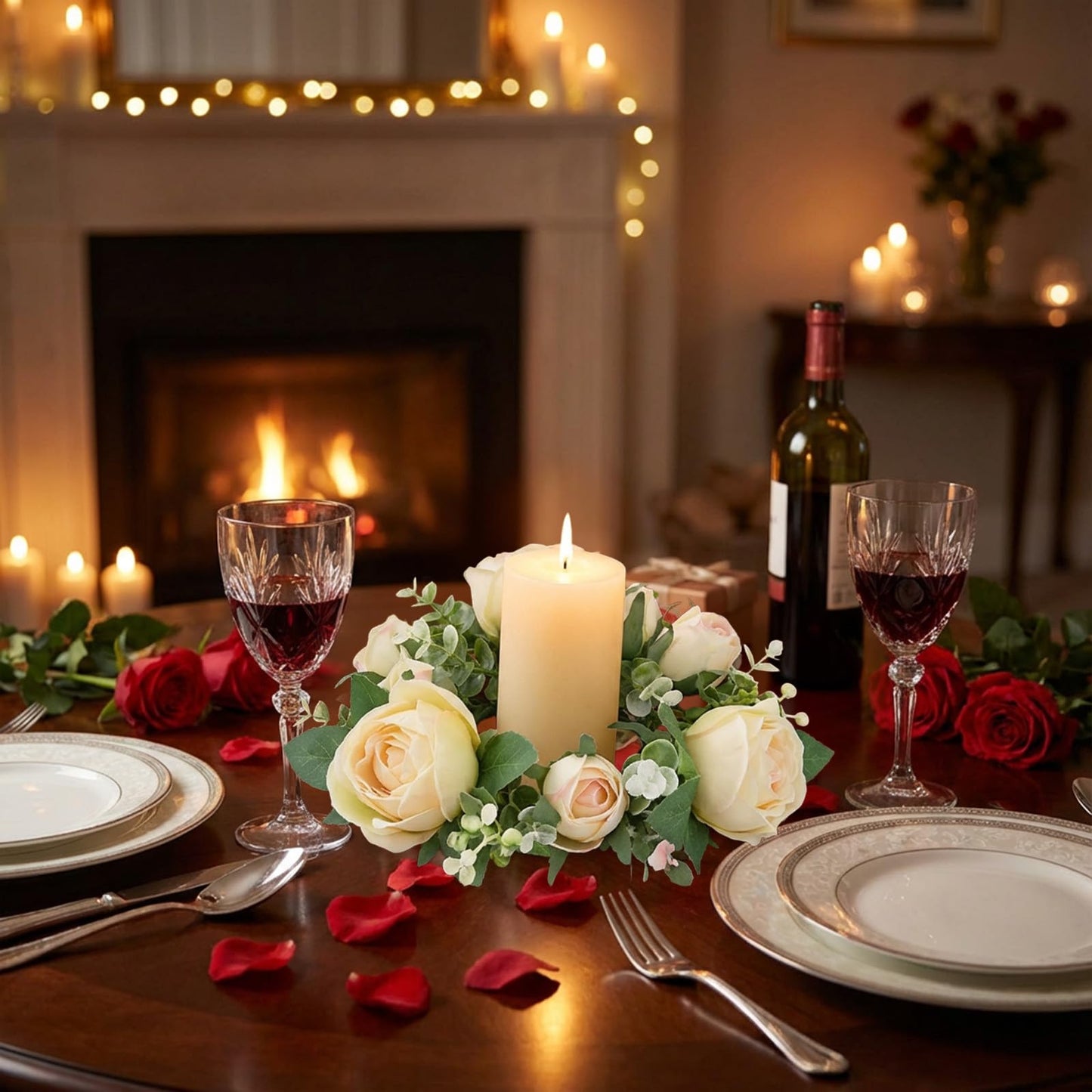 Artificial Rose Candle Rings Wreath Mini Floral Wreaths Pillar Candle Holder with Blooming Flowers and Green Leaves for Wedding Party Home Table Centerpieces Decor (Beige)