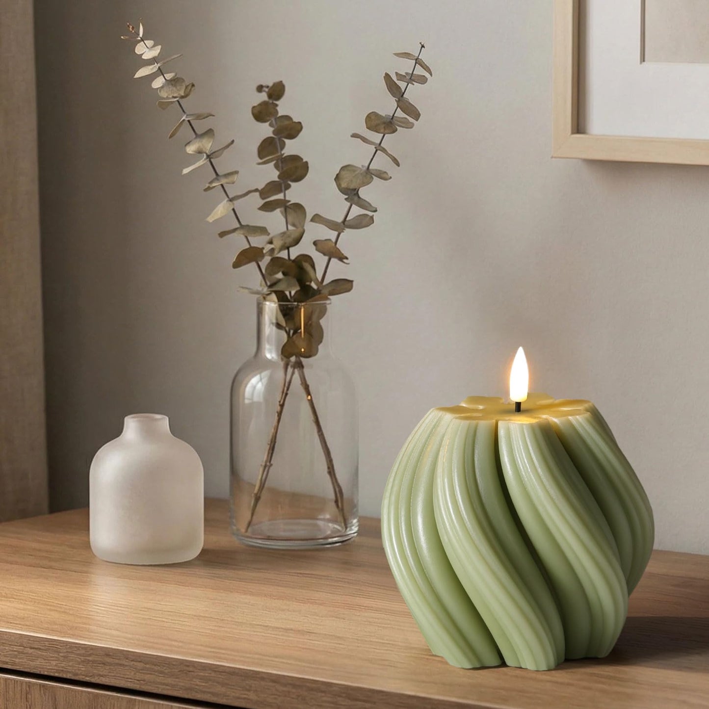 Girimax Sage Green Swirl Flameless Candles with Remote, Flickering LED Wax Candle Aesthetic Home Shelf Decor 1 Pack