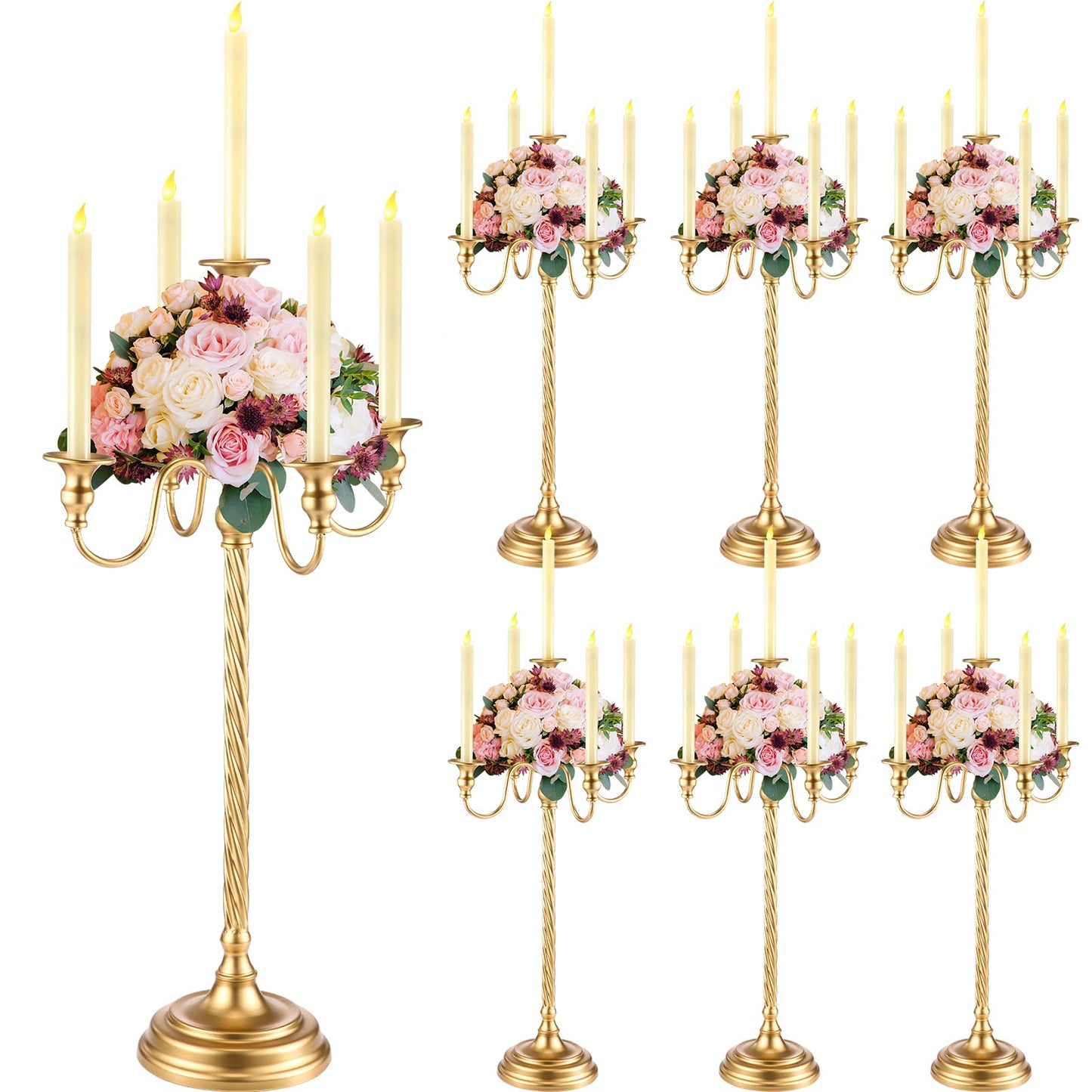 Tanlade 6 Pack Gold Candelabra Centerpieces for Tables, 21 Inch 5 Arm Metal Taper Candle Holders, Wedding Reception Table Flower Candlestick Decor for Banquet Anniversary Birthday Holiday Party