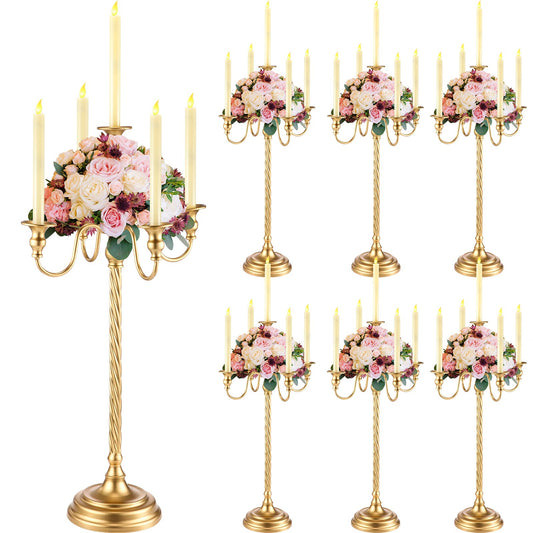 Tanlade 6 Pack Gold Candelabra Centerpieces for Tables, 21 Inch 5 Arm Metal Taper Candle Holders, Wedding Reception Table Flower Candlestick Decor for Banquet Anniversary Birthday Holiday Party