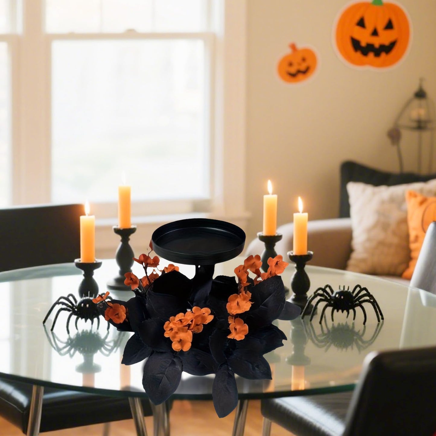 Mini Halloween Wreaths with Plastic Candle Holder, 5.5" Artificial Black Maple Leaves Candle Wreath Floral Twig Candleholder Wreath for Table Centerpieces Decorations