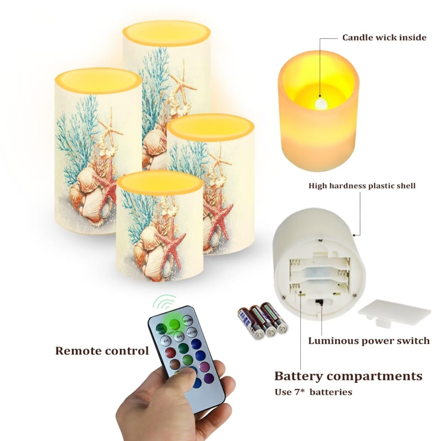 NETILGEN Flameless Candles with Remote Timer Starfish Seashell Blue Coral Print Battery Operated LED Flickering Pillar Candles for Home Party Decor