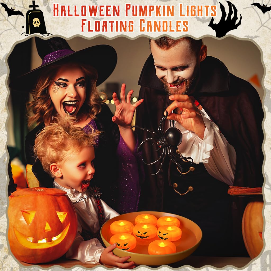 2.3” x12PK Orange Floating Candles-Halloween Flameless Water - Activated Candles, 180+ Hours Long - Lasting- Fall Decorations- Pool Decor-Thanksgiving Decorations