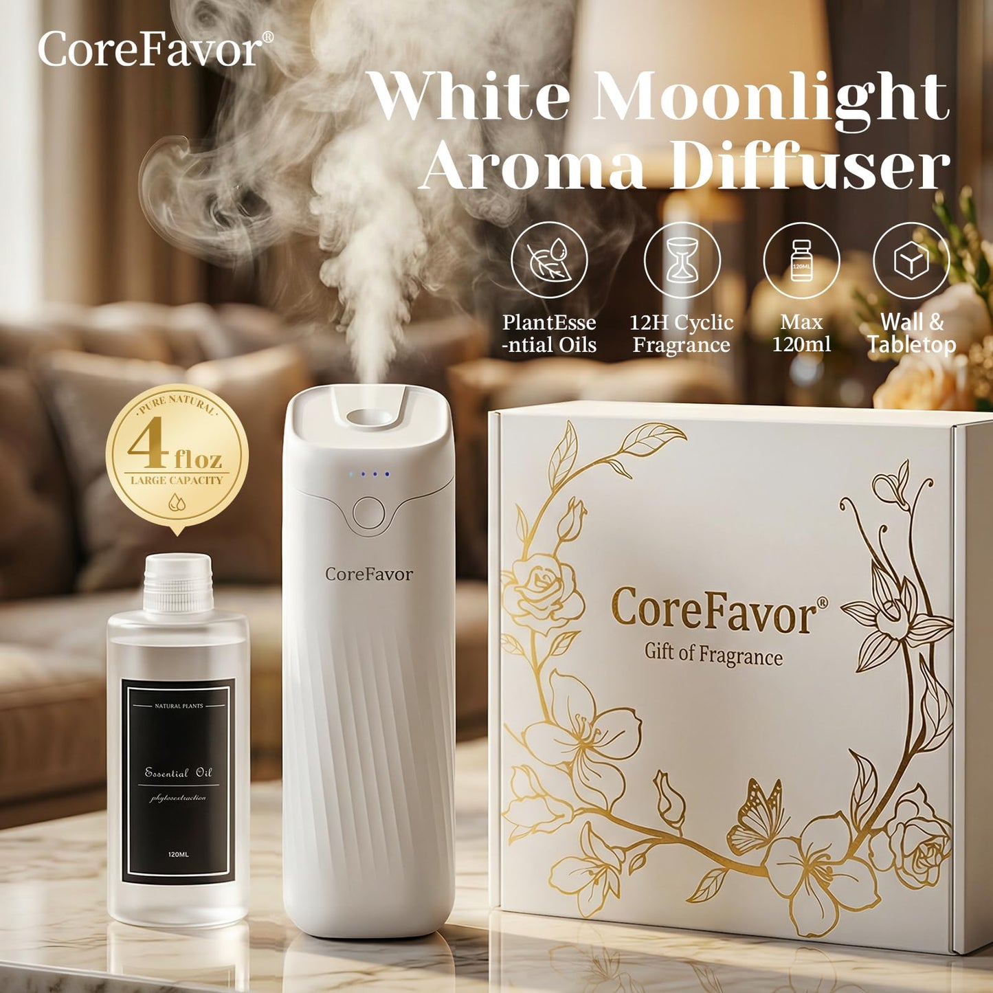 CoreFavor Waterless Essential Oil Diffuser (M60) with 3x120ml Oil, Portable Battery-Operated Cold Air Aroma Scent Machine, 4 Adjustable Intensity Levels, Quiet Diffuser for Bedroom Office Bathroom Car