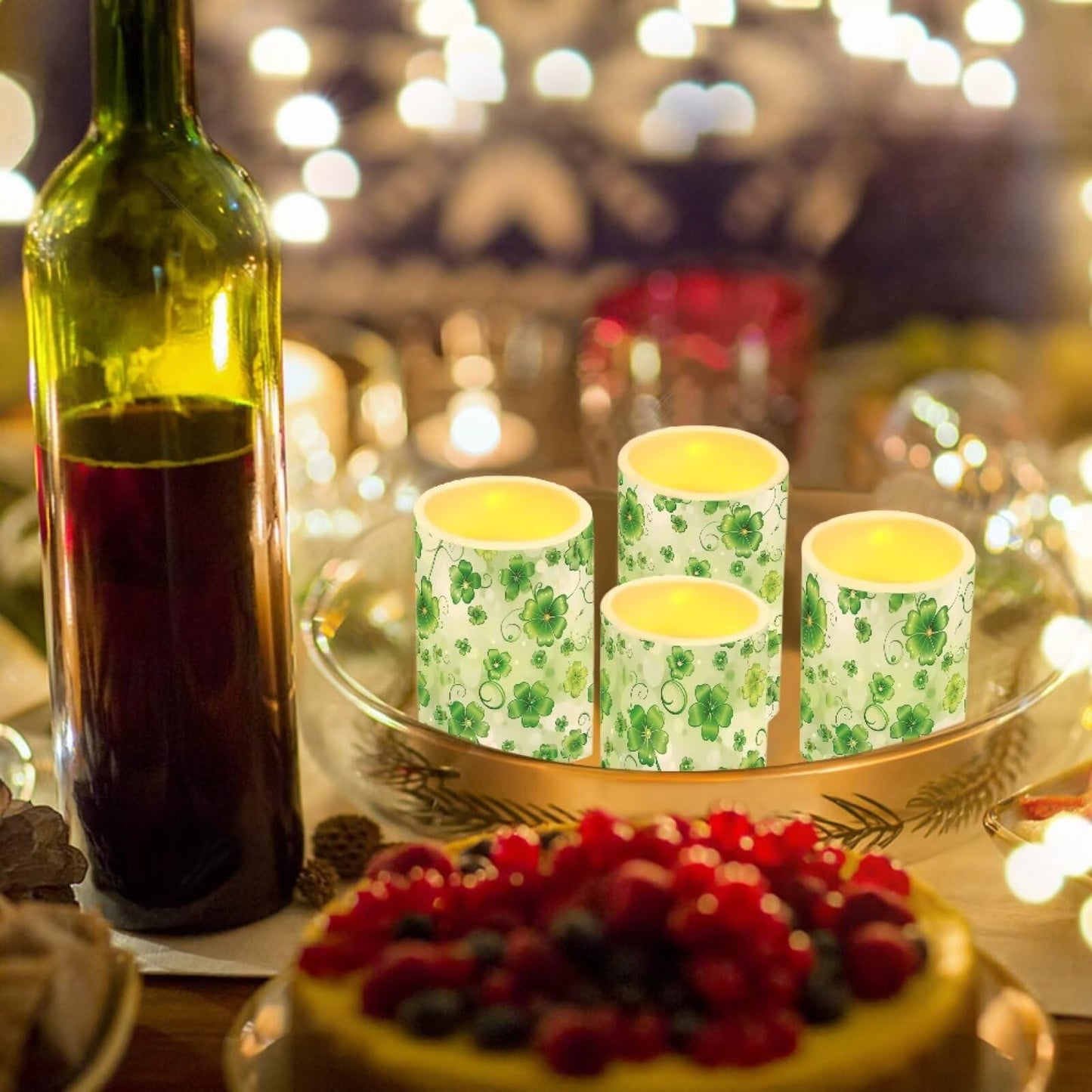 NETILGEN 4 Pcs Flameless Candles Battery Powered with Multicolor Lights Timer Remote Control LED Candles St Patrick's Day Green Leaf