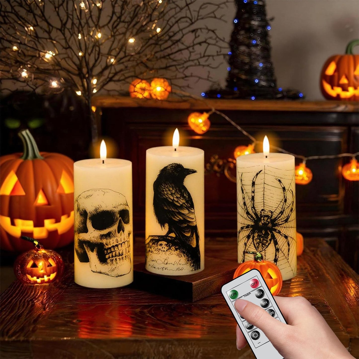 DRomance Halloween Flameless Candles Battery Operated with Remote and Timer, Real Wax 3D Wick LED Flickering Pillar Candles Skull Crow Spider Web Decals Dinner Halloween Decor(3 Pack, 3" D x 6" H)