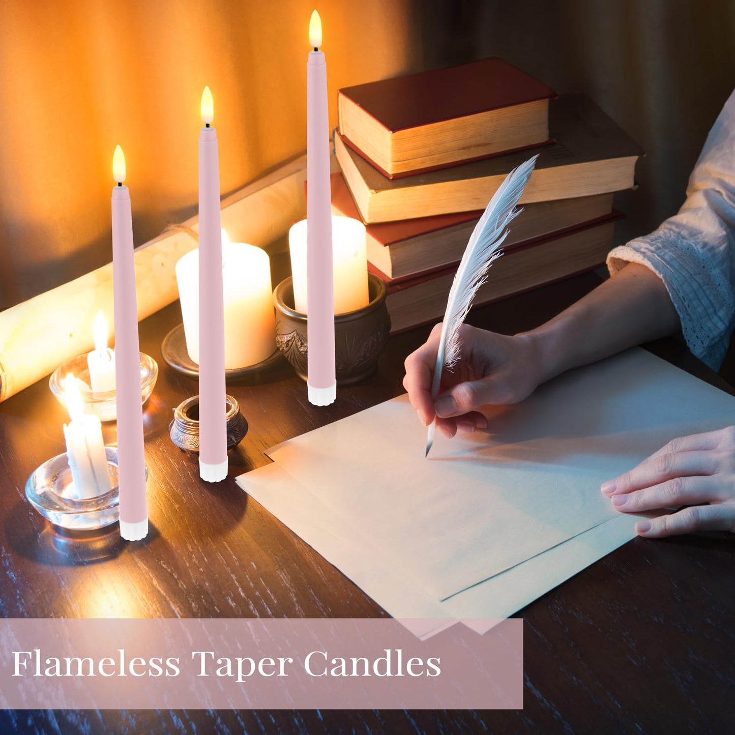 Macarrie 24 Packs Flameless Taper Candles Battery Operated Fake 11 Inch Long Candlelight LED Flameless Candlesticks Flickering Tapered for Spring Summer Wedding(Pink)