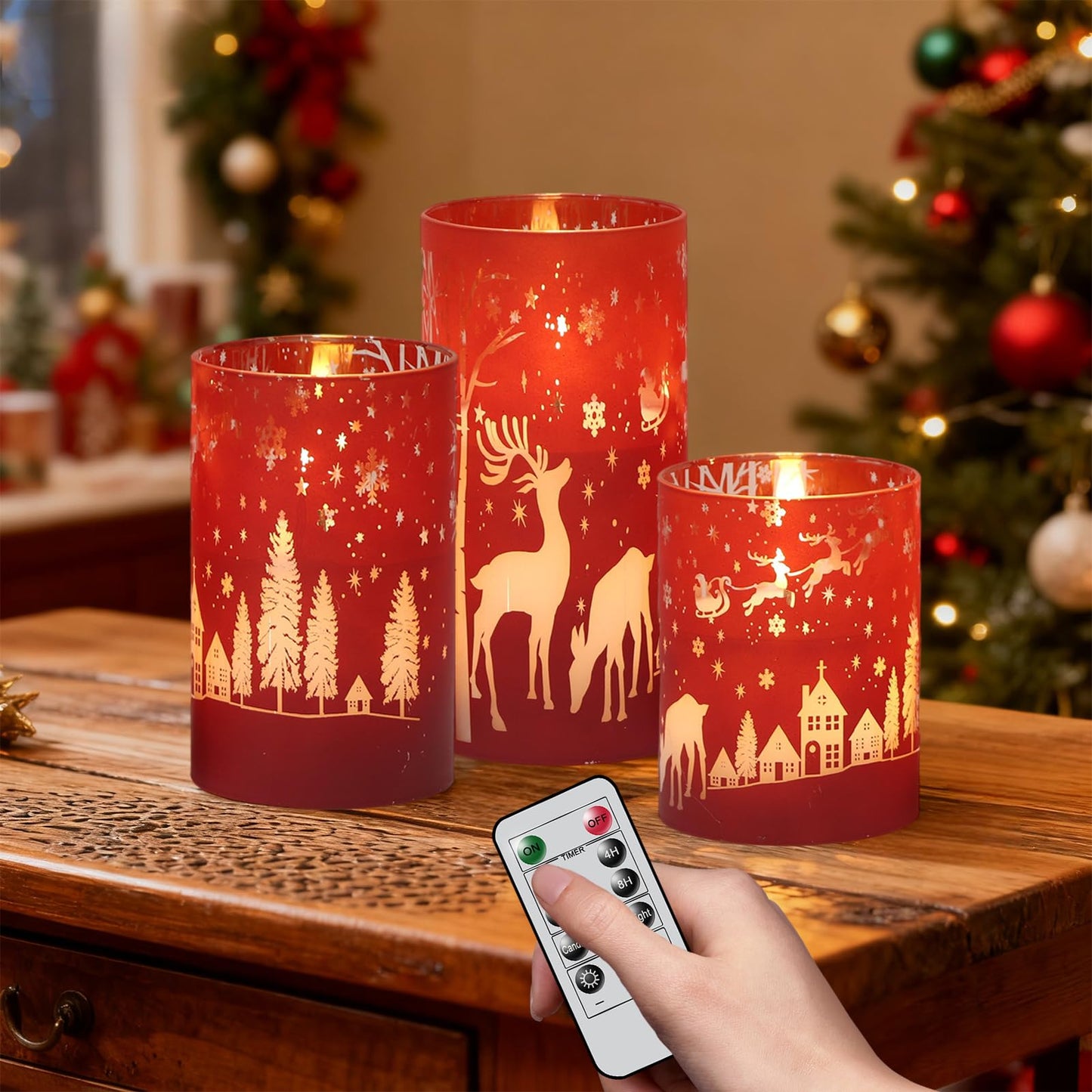 DRomance Christmas Flameless Candles Battery Operated with 10-Key Remote and Timer 3D Wick Flickering Electroplating Glass Reindeer LED Candles Indoor Holiday Decorations(Red, 3" D x 4", 5", 6" H)