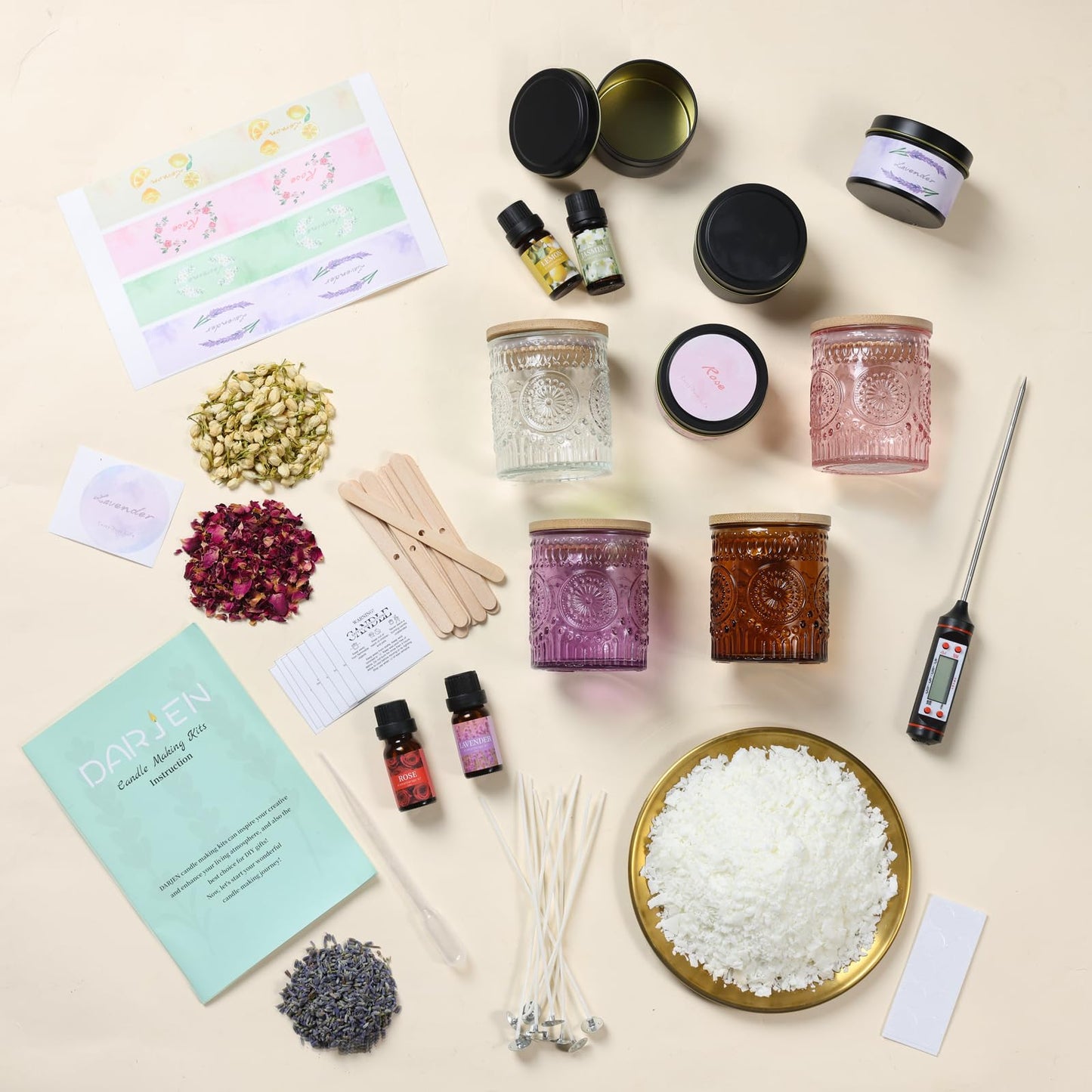 DARJEN Candle Making Kits - Soy Candles Making Supplies for Adults Including 4 Candle Jars(Clear, Pink, Amber, Purple), Candle Tins, Wax, Scents, Dried Flower & More, DIY Arts & Crafts Kits Home Decor