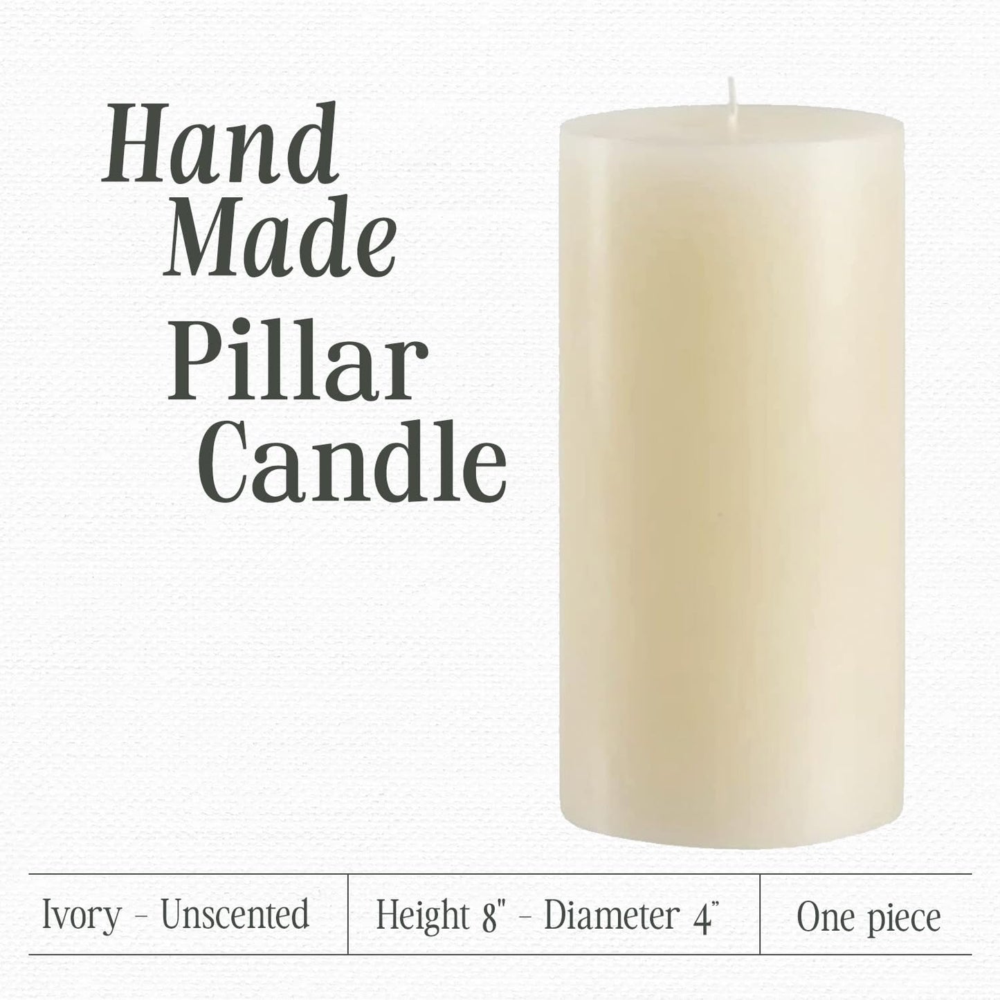 Mister Candle Non Scented Luxury 4 x 8 Pillar Candle, Hand Poured Ivory Unscented Candle for Home Decor, Premium Wax, Smokeless & Dripless, 160 Hour Burn Time
