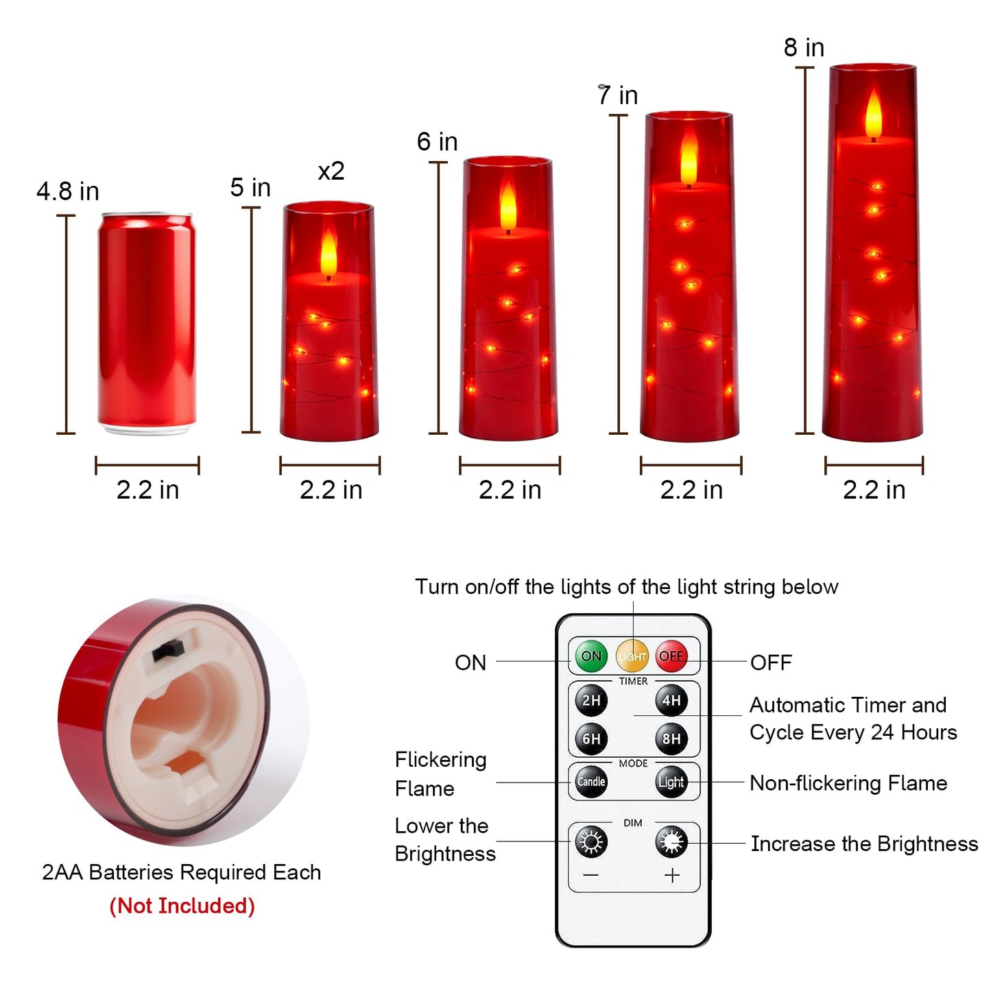 Raycare Flameless Candle with Remote Timer – 5 Flickering Acrylic Battery Operated LED Pillar Candles with Embedded Star String for Halloween, Home Decor, and as a Gift(Red)