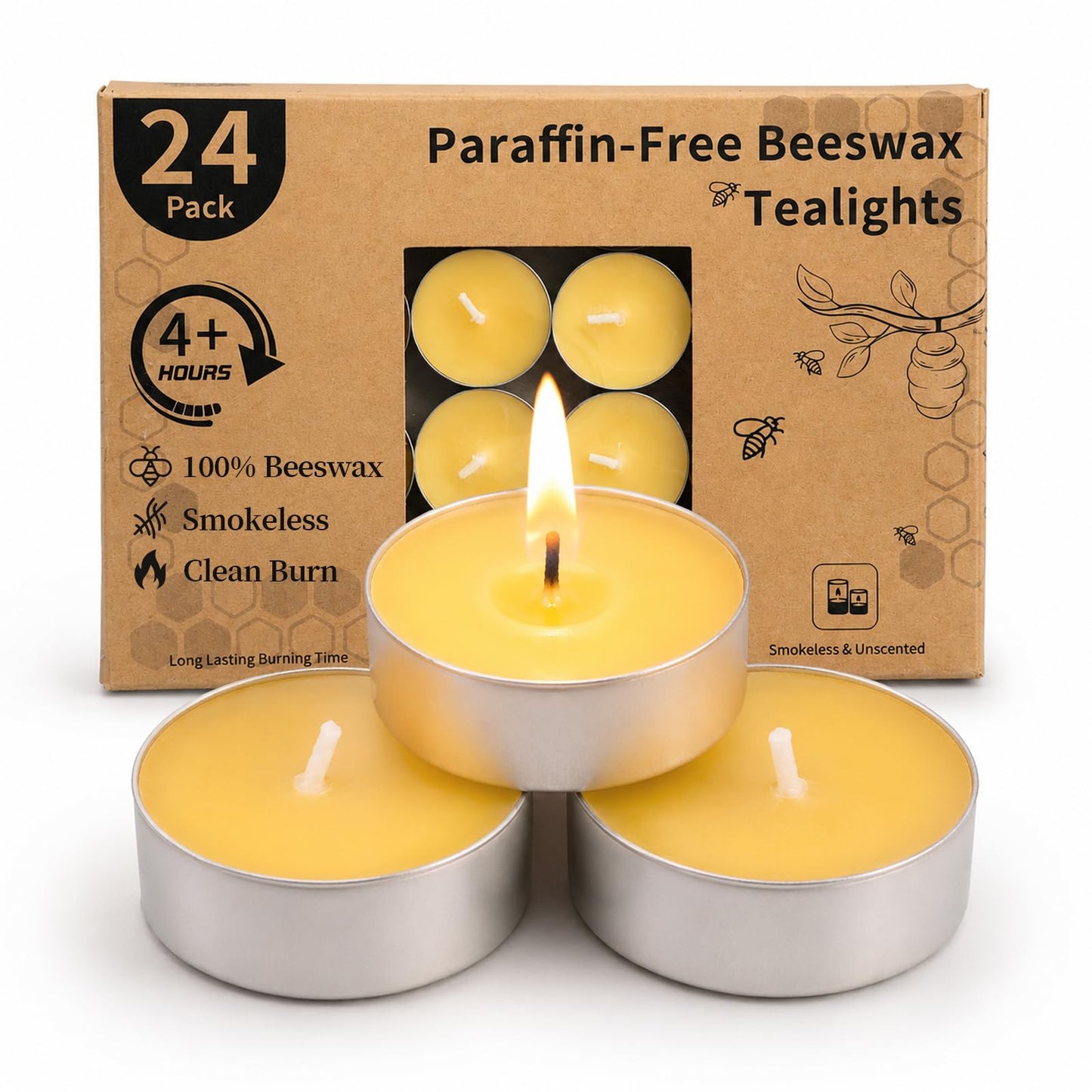 24 Packs Beeswax Tealight Candles, Pure Beeswax Candles Tea Lights Candle, Natural Organic Tealights Unscented Smokeless Clean Burning with 4 Hour Burn Time