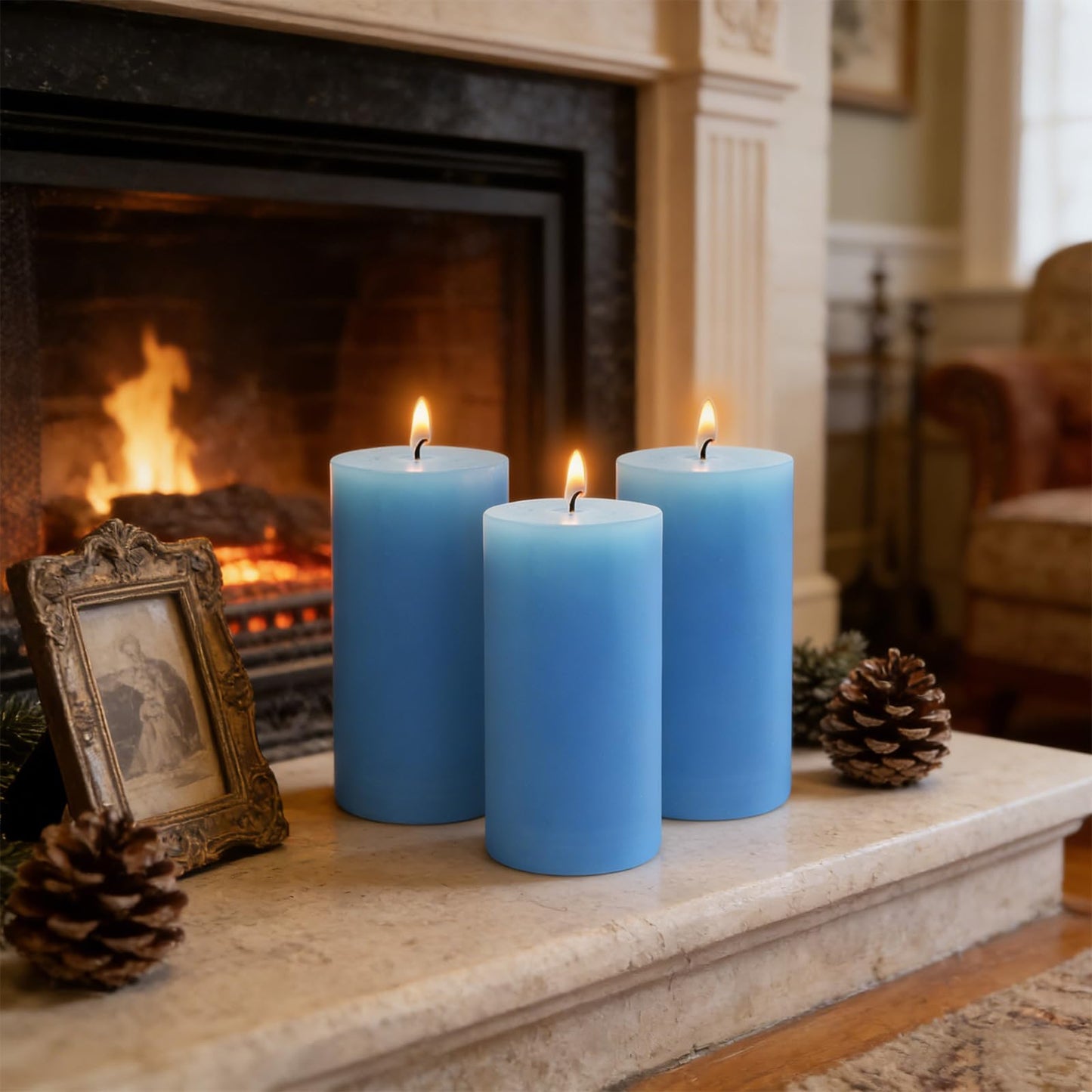 2.8x6 inch, Set of 3, Light Blue Pillar Candles for Romantic Valentine's Day and Christmas, Unscented Pillar Candles for The Home Dining Room, Smokeless, Drip-Free, Clean-Burning Emergency Candles